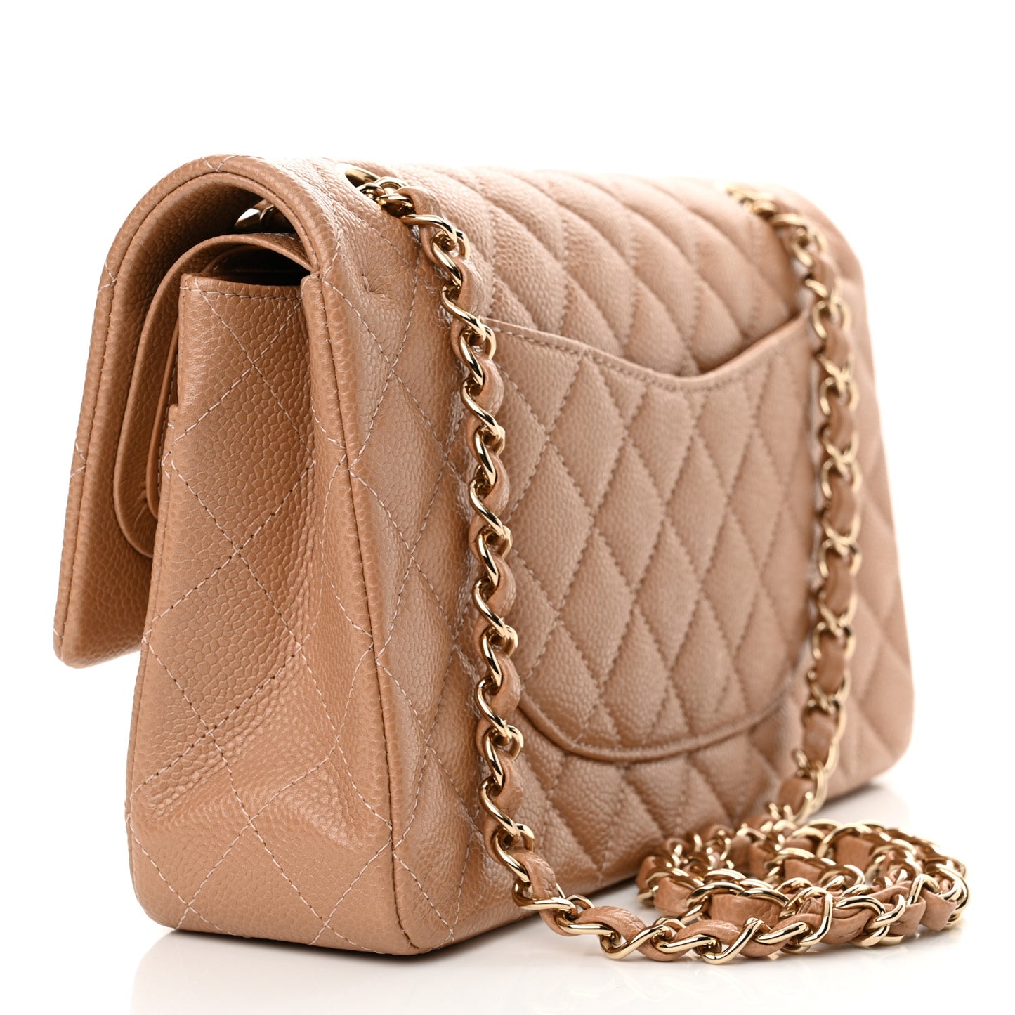 Iridescent Caviar Quilted Medium Double Flap Beige