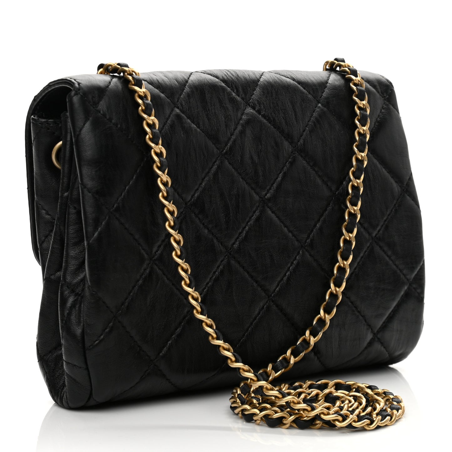 Crumpled Calfskin Quilted Square Flap Black