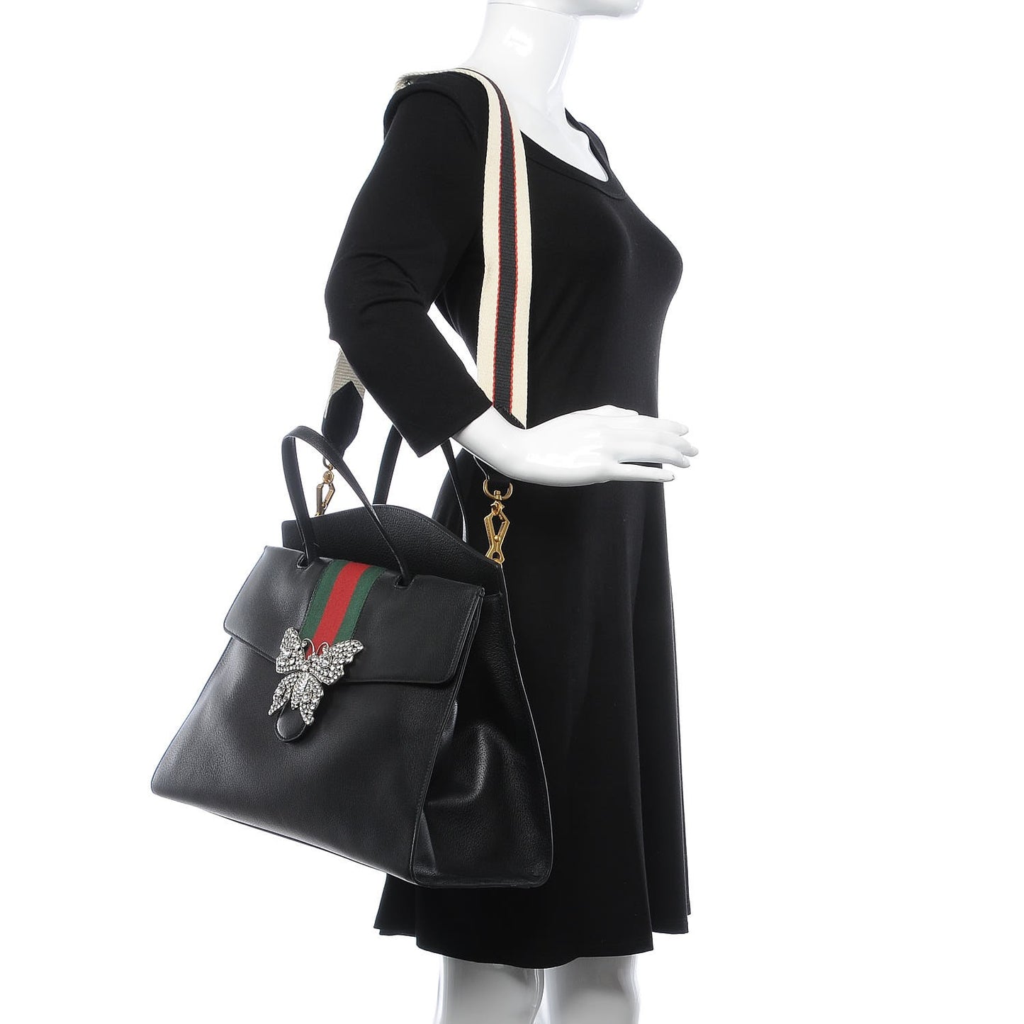 Grained Calfskin Web Crystal Butterfly Stripe Large Totem Top Handle Bag Black