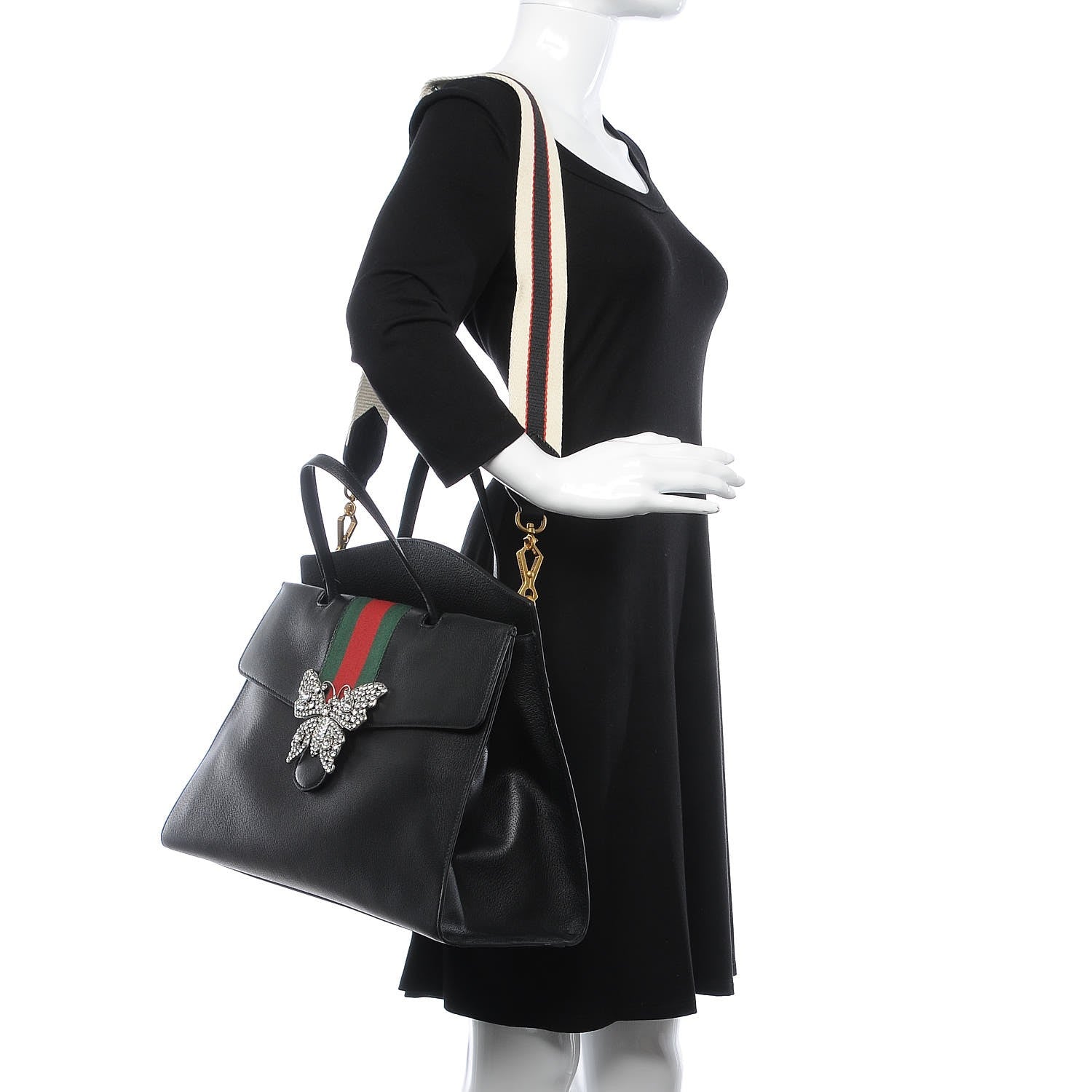 Gucci Grained Calfskin Web Crystal Butterfly Stripe Large Totem Top Handle Bag Black 2 of 15