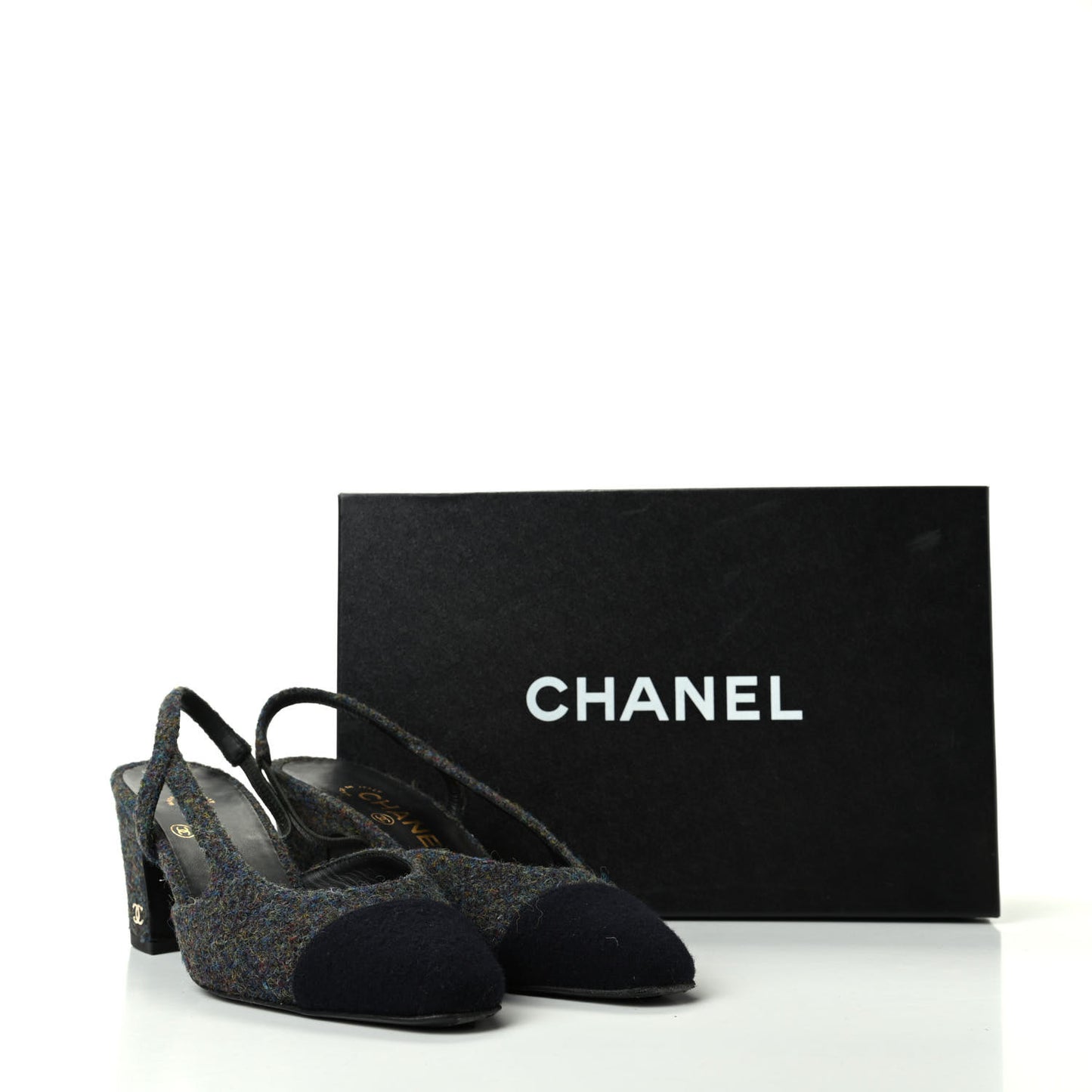 Tweed Cap Toe CC Slingback Pumps 36 Black Dark Grey