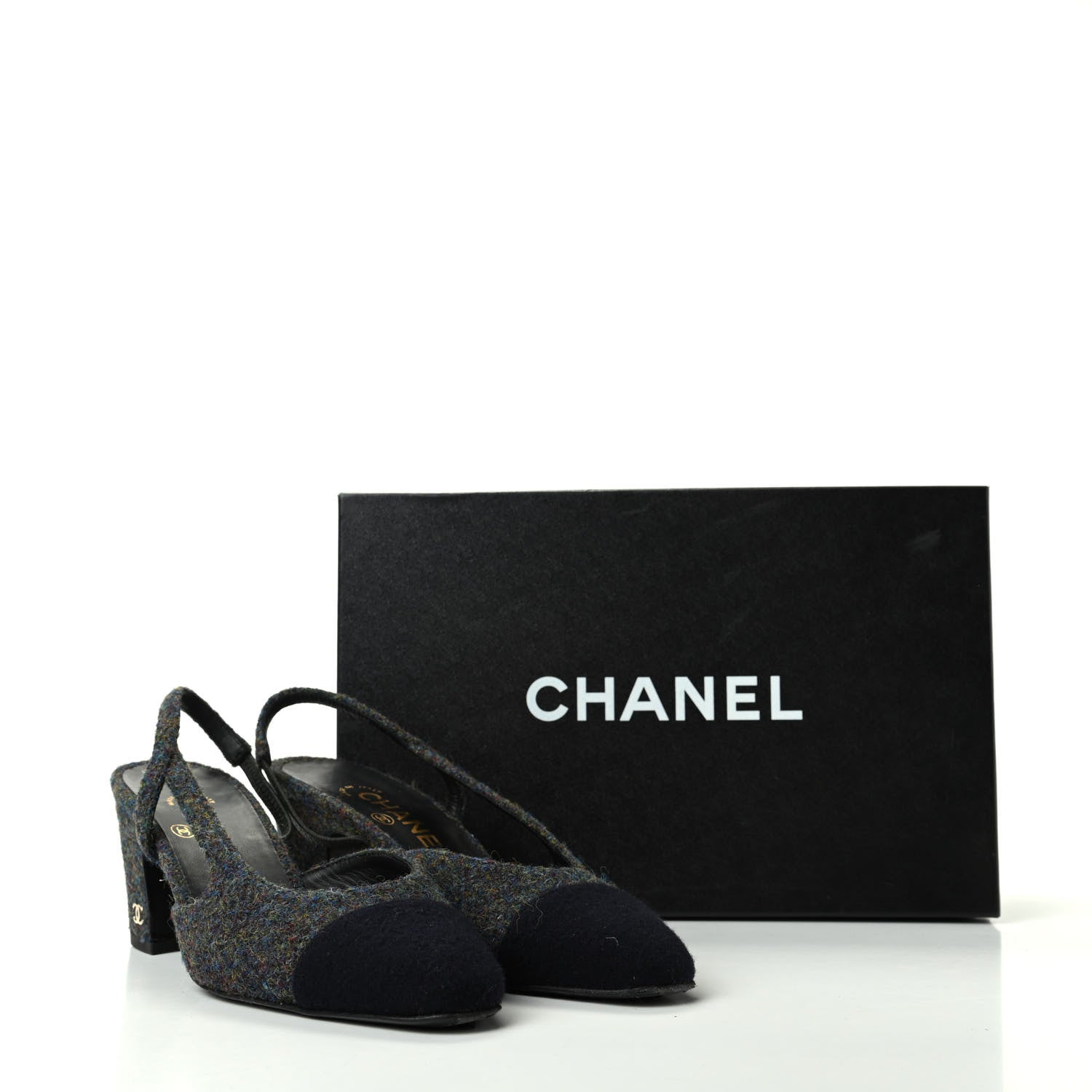 Chanel Tweed Cap Toe CC Slingback Pumps 36 Black Dark Grey 11 of 11