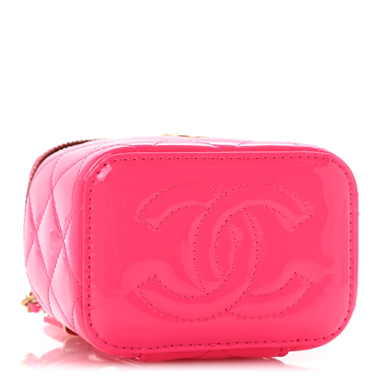 Patent Quilted Pearl Crush Mini Vanity Case With Chain Neon Pink