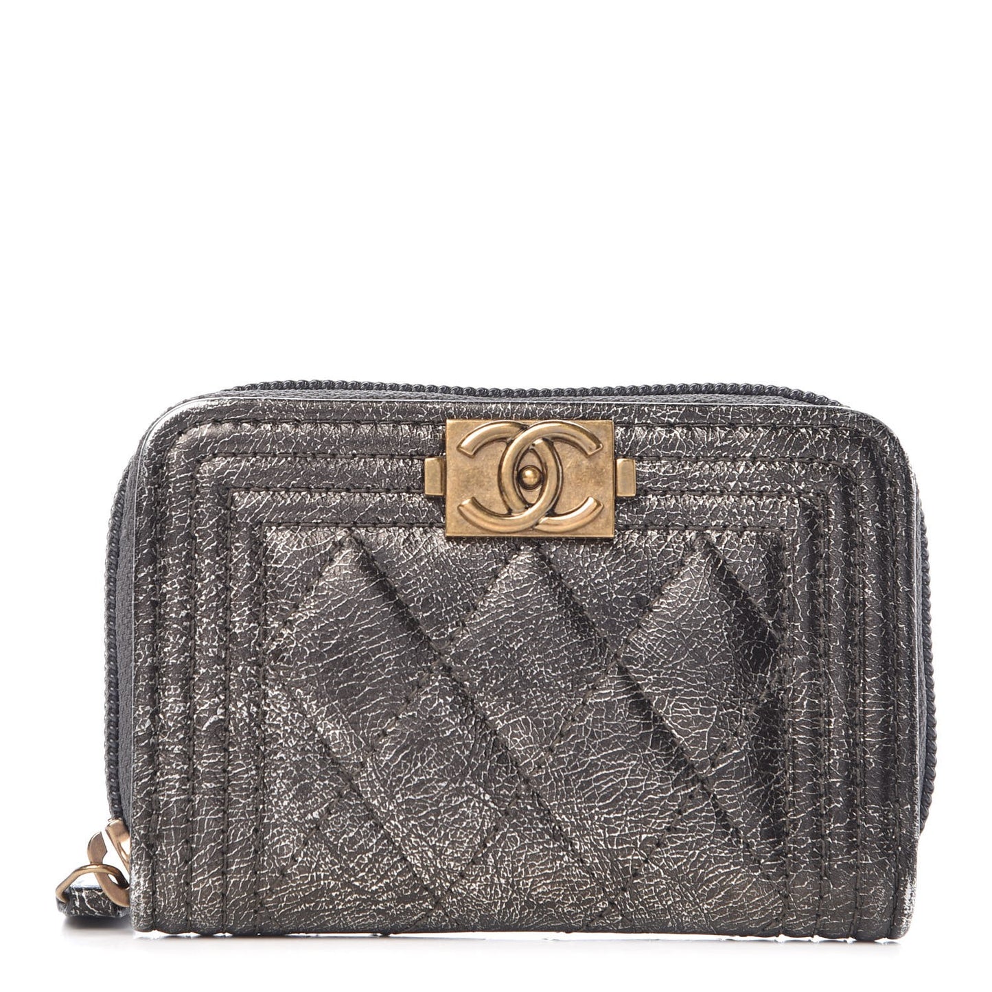 Cracked Metallic Calfskin Quilted Boy Zip Around Coin Purse Wallet Dark Silver