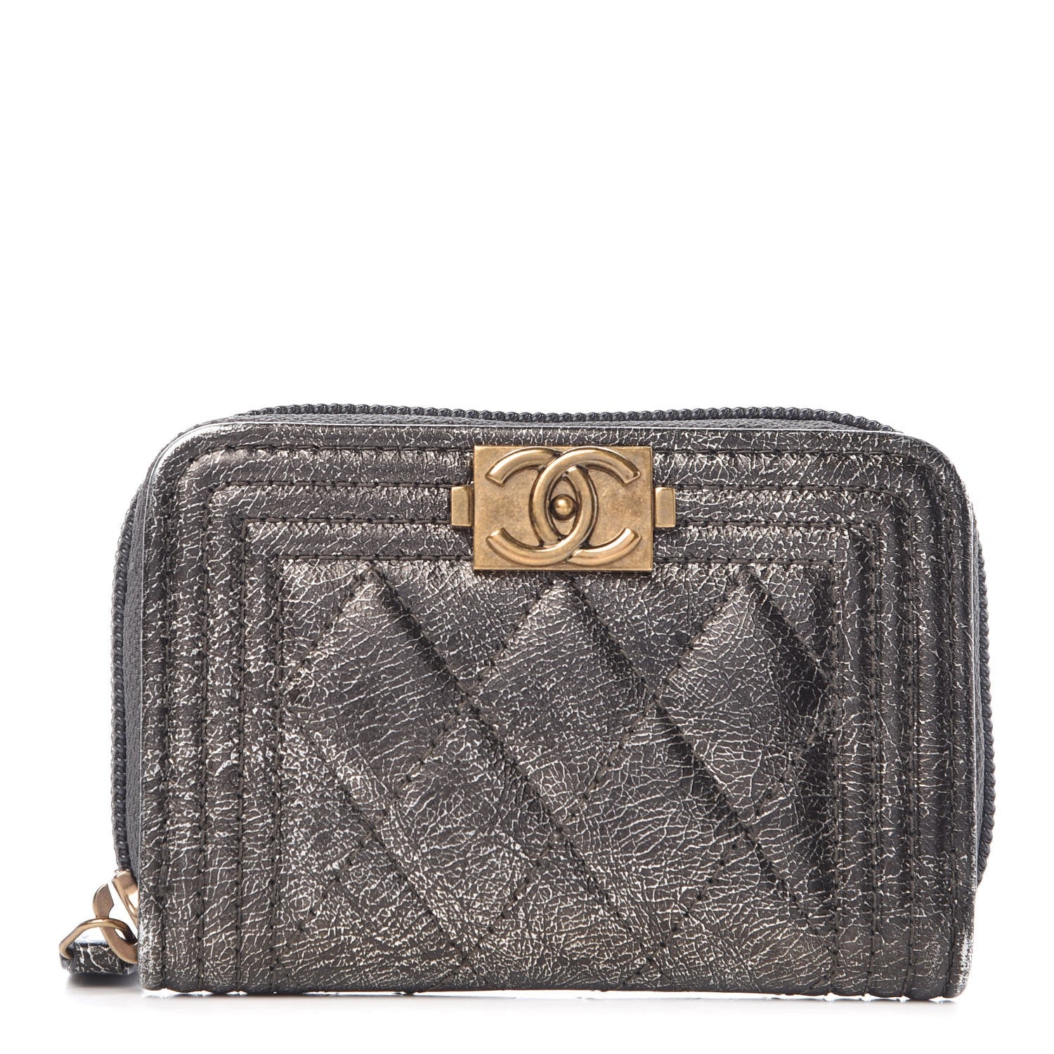 Chanel Cracked Metallic Calfskin Quilted Boy Zip Around Coin Purse Wallet Dark Silver 1 of 9