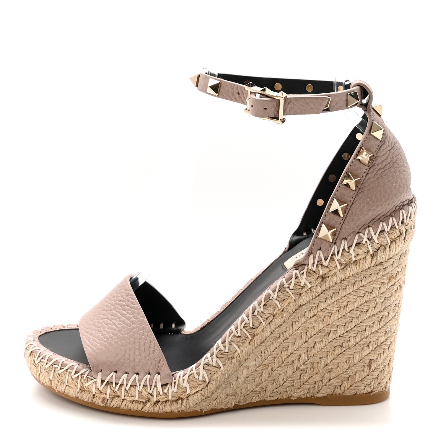 Valentino Garavani Grained Calfskin Rockstud Ankle Strap Espadrille 15/105mm Wedge Sandals 37 Poudre Natural 1 of 10