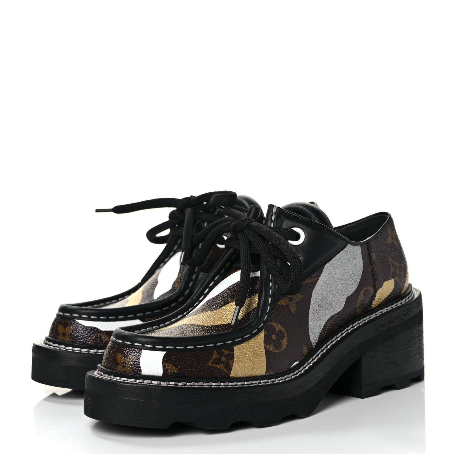 X LOL Monogram Calfskin Beaubourg Platform Derby Shoes 36 Gold Silver