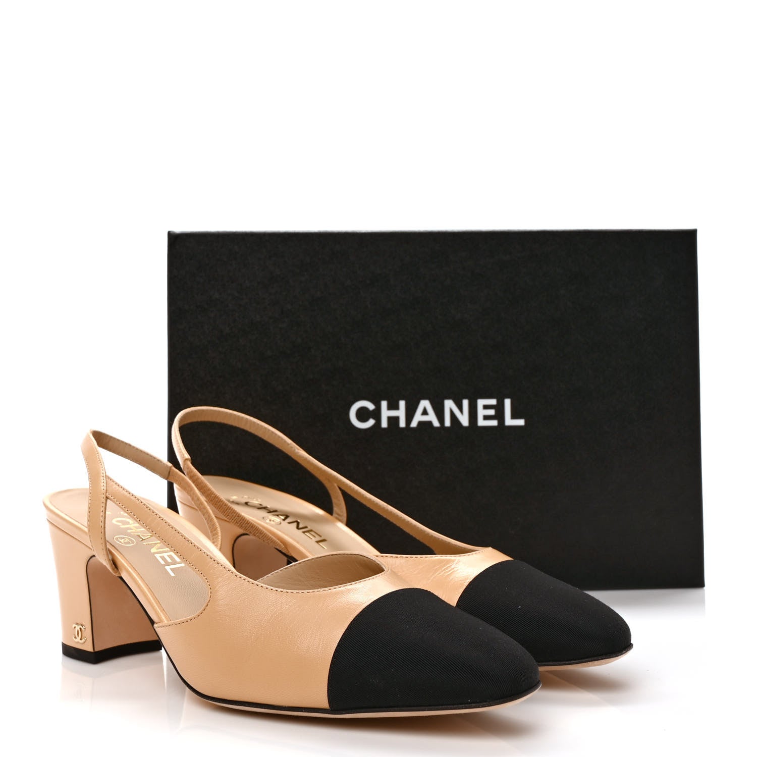 Chanel Goatskin Grosgrain Cap Toe CC Slingback Pumps 40 Beige Black 9 of 9