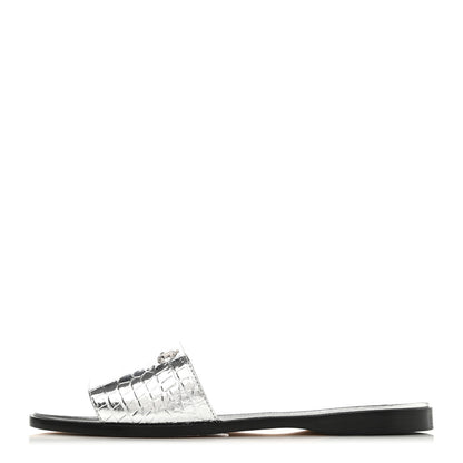 Jimmy Choo Metallic Crocodile Embossed Minea Flat Sandals 37 Silver 1 of 11