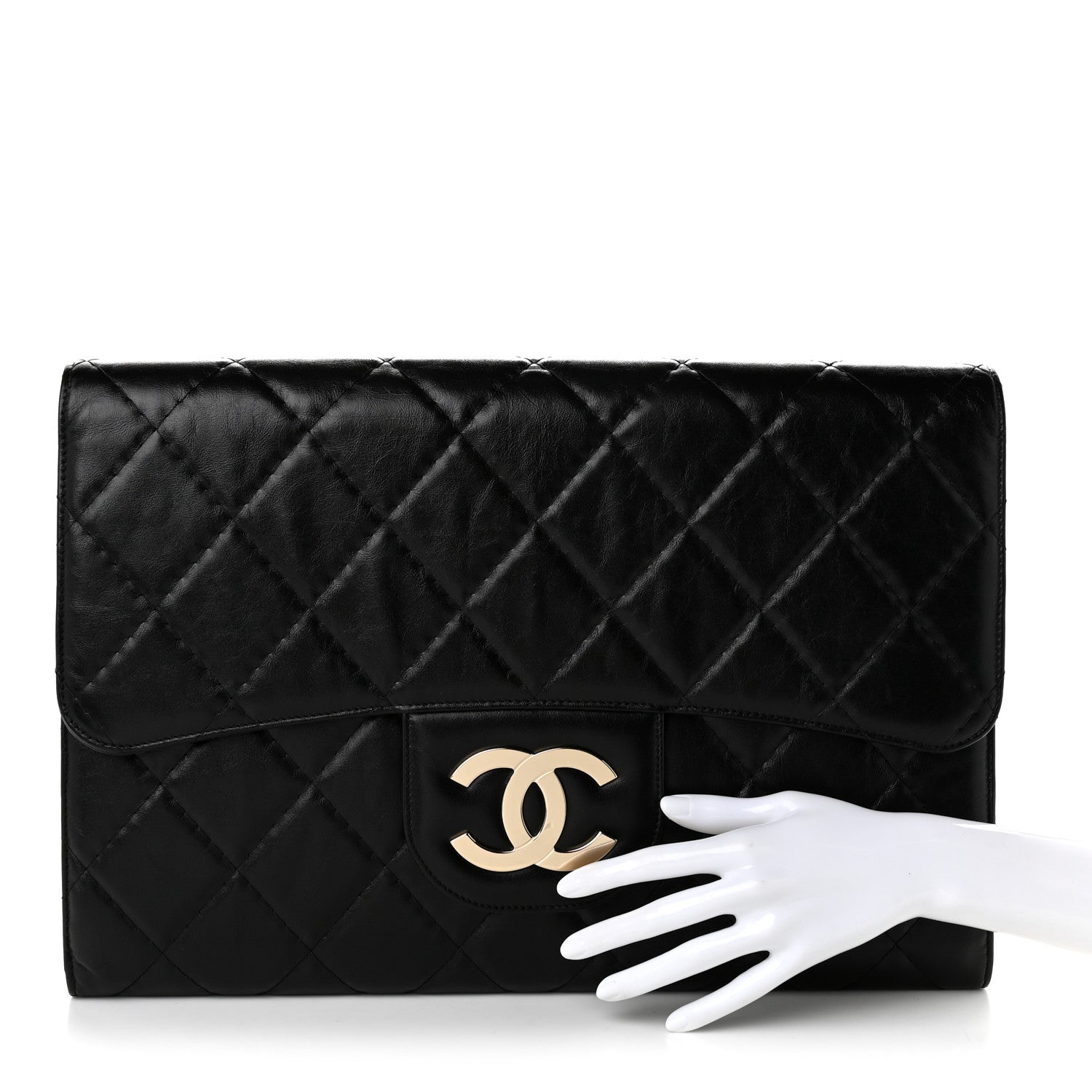 Chanel Shiny Crumpled Calfskin Quilted Large Clutch Black 2 of 13