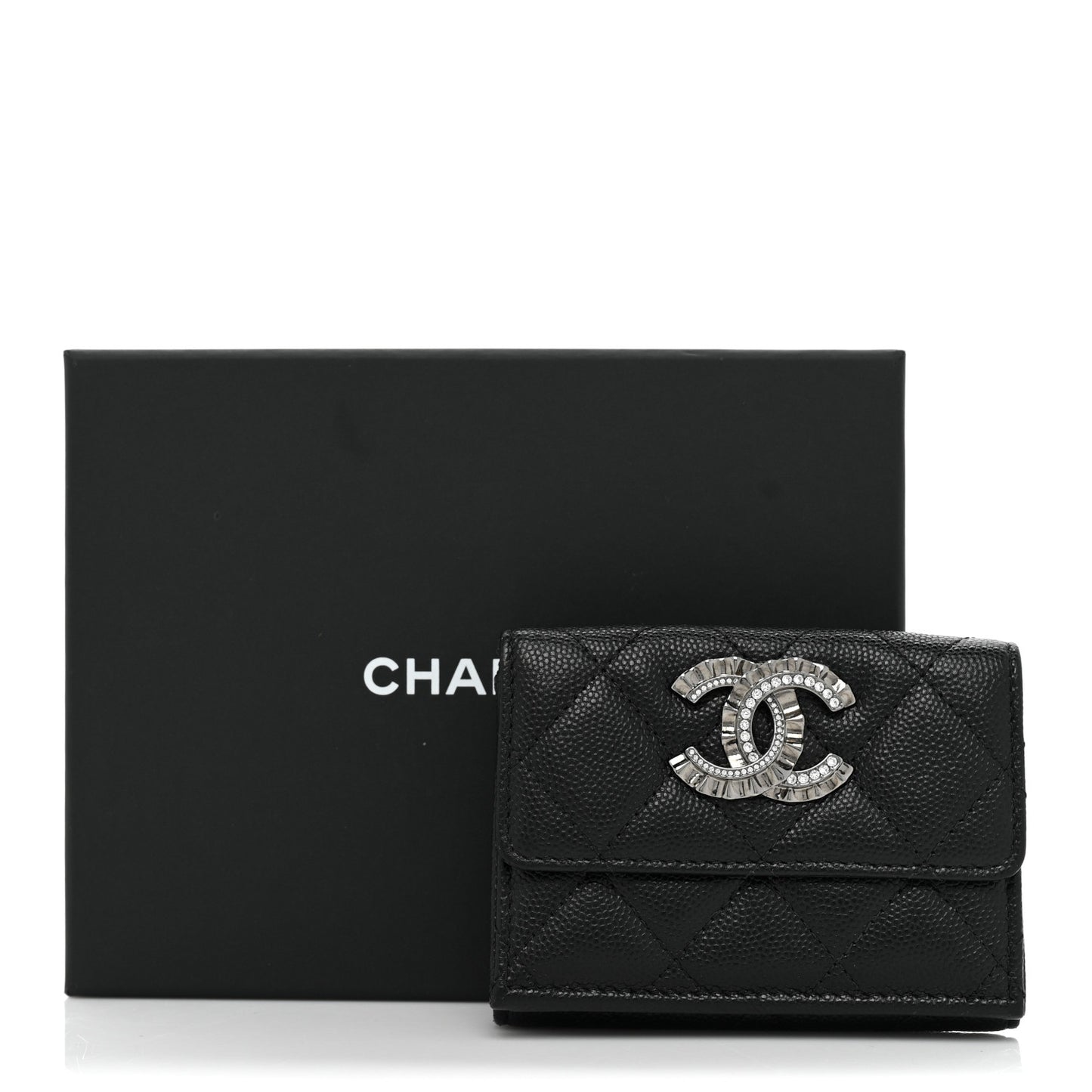 Caviar Quilted Crystal CC Small Flap Wallet Black