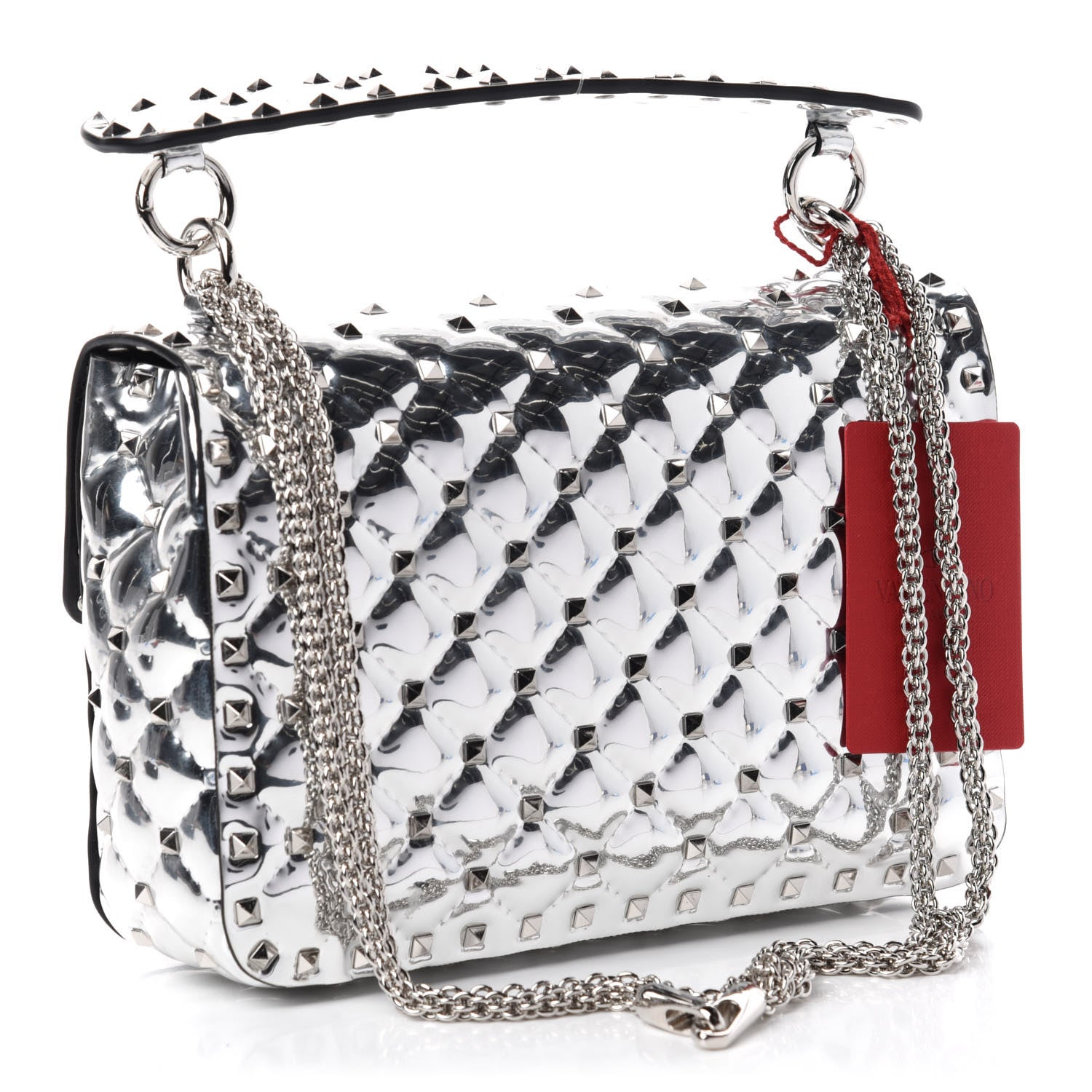 Valentino Garavani Metallic Patent Quilted Medium Rockstud Spike Shoulder Bag Silver 3 of 9