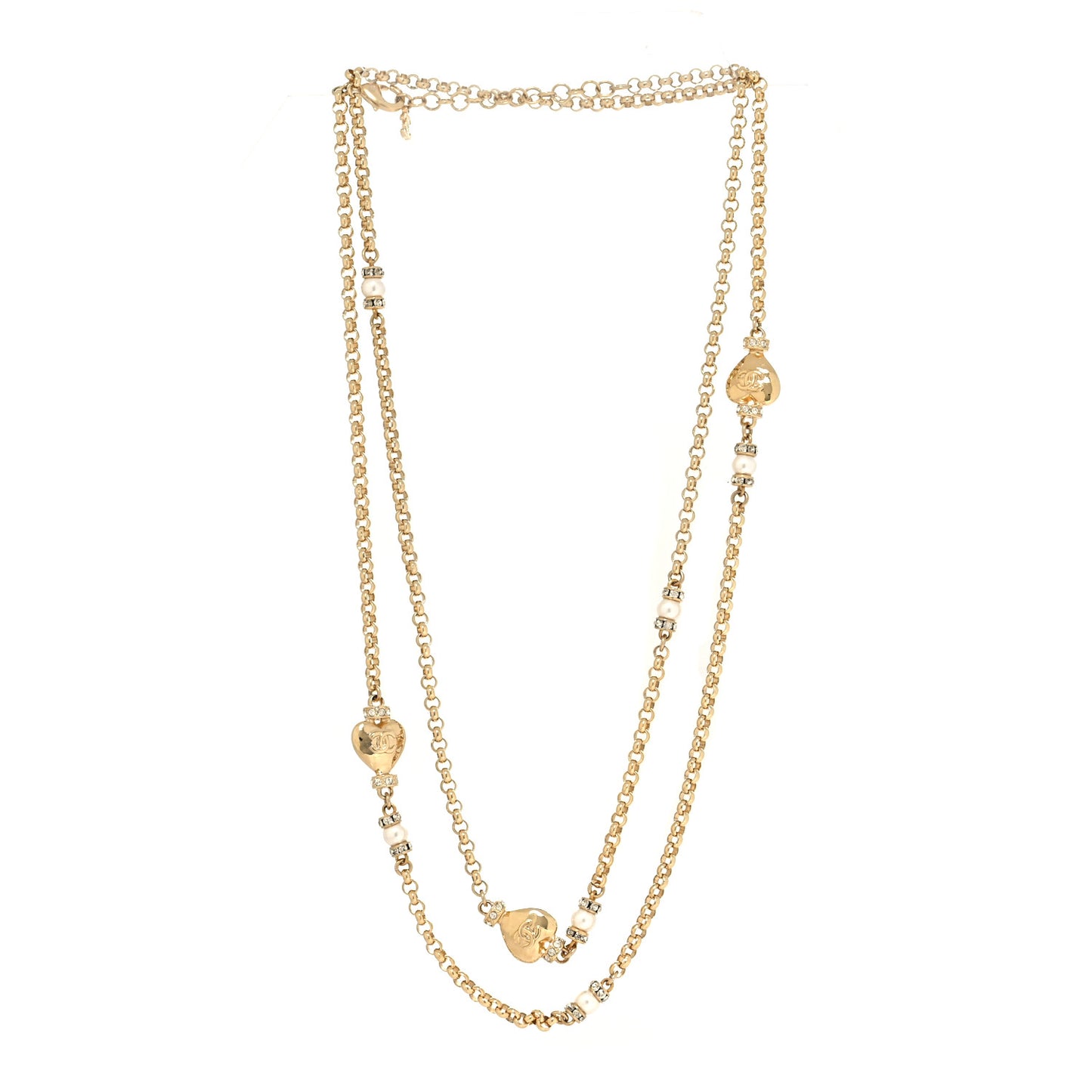 Pearl Bead Heart CC Long Necklace Gold