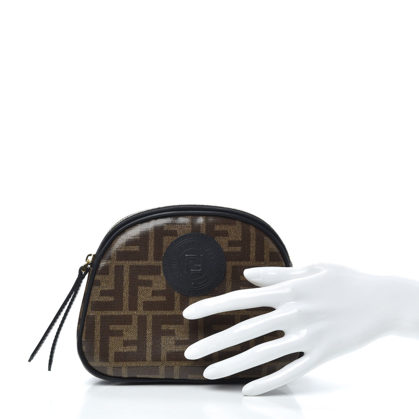 Glazed Fabric Vitello Century FF 1974 Stamp Patch Medium Cosmetic Case Mogano Panna Black