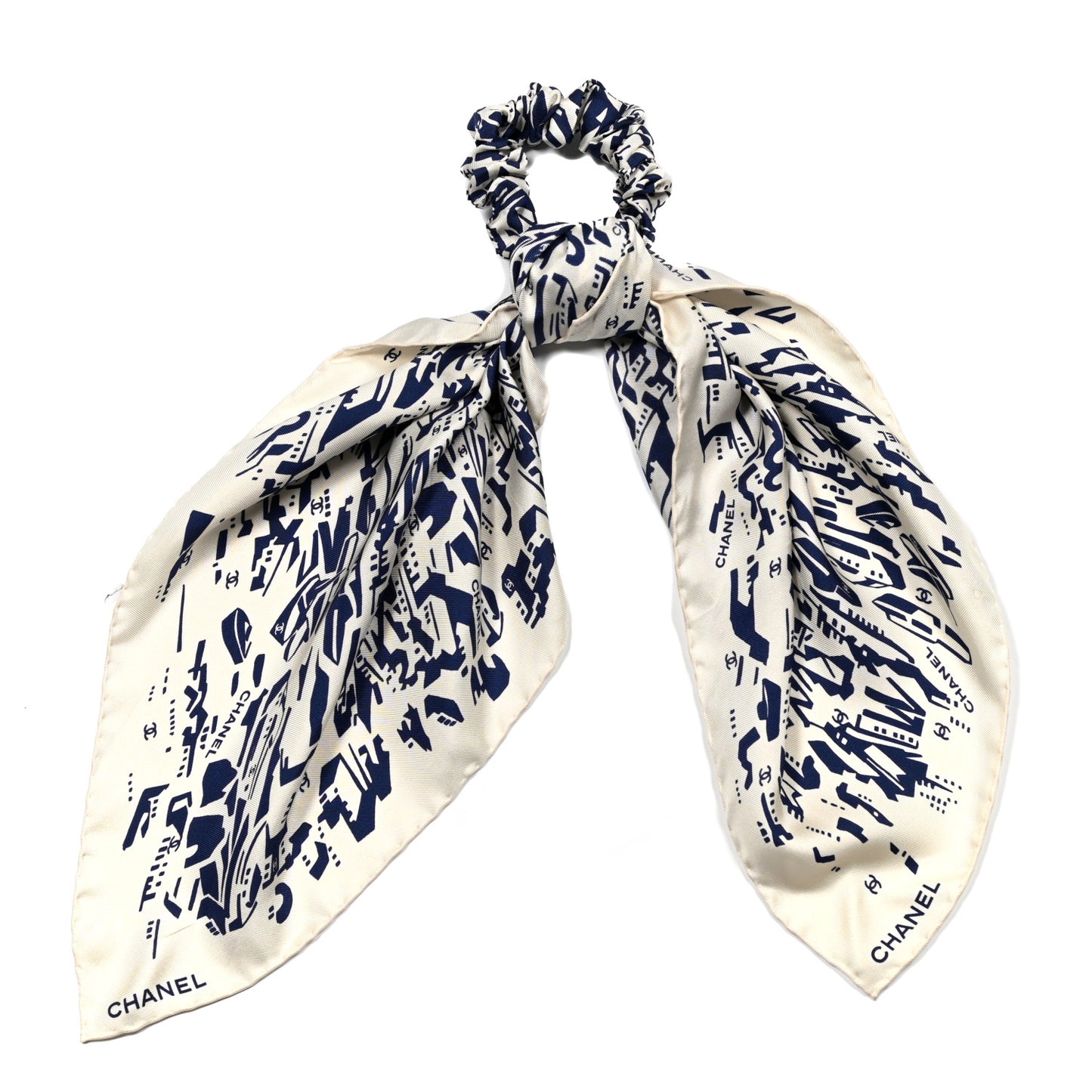 Silk CC Scrunchie and Scarf Hair Tie Set White Blue