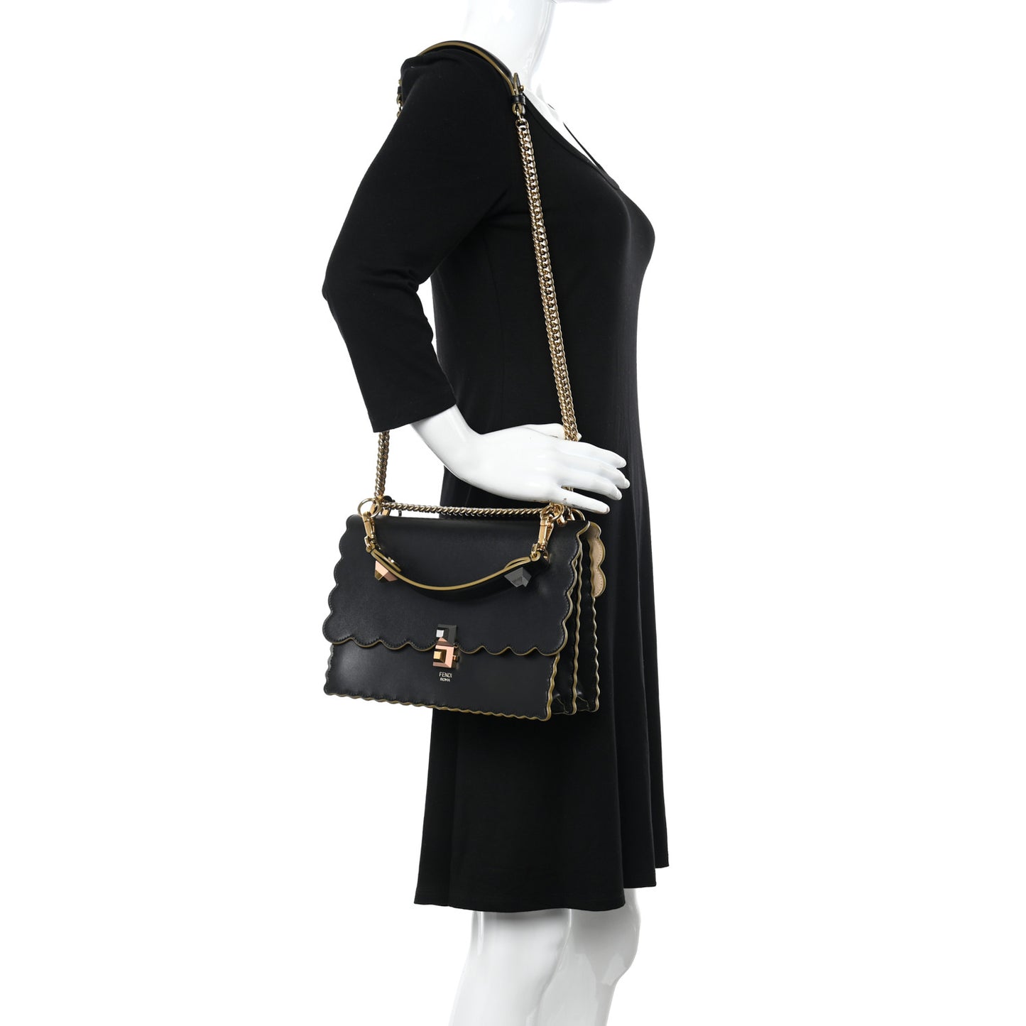 Vitello Liberty Scalloped Studded Kan I Shoulder Bag Black