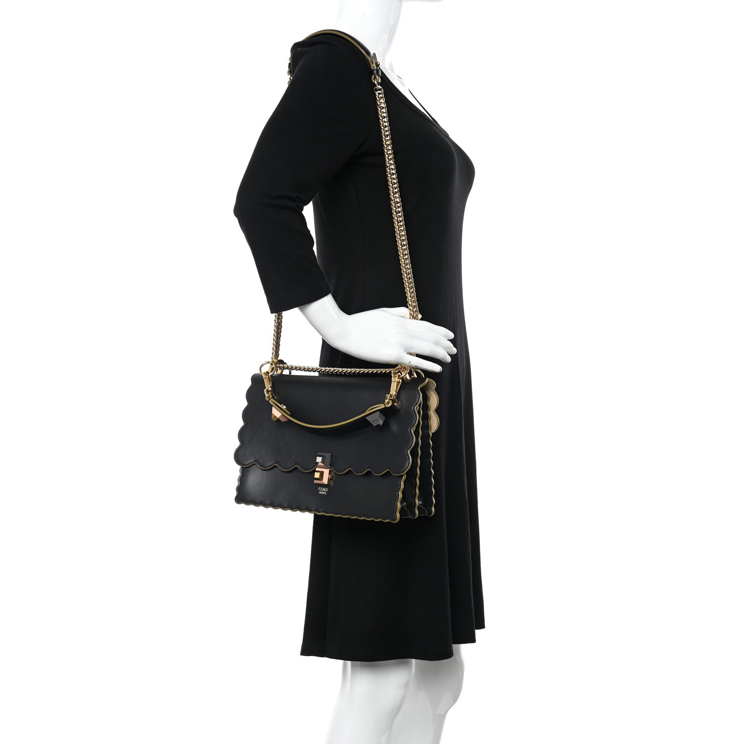 Fendi Vitello Liberty Scalloped Studded Kan I Shoulder Bag Black 2 of 10