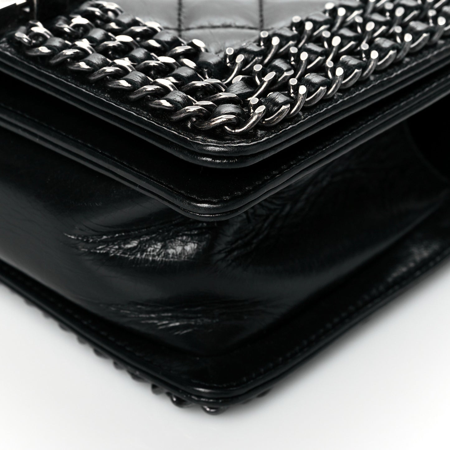 Glazed Calfskin Quilted Small Boy Chained Flap Black