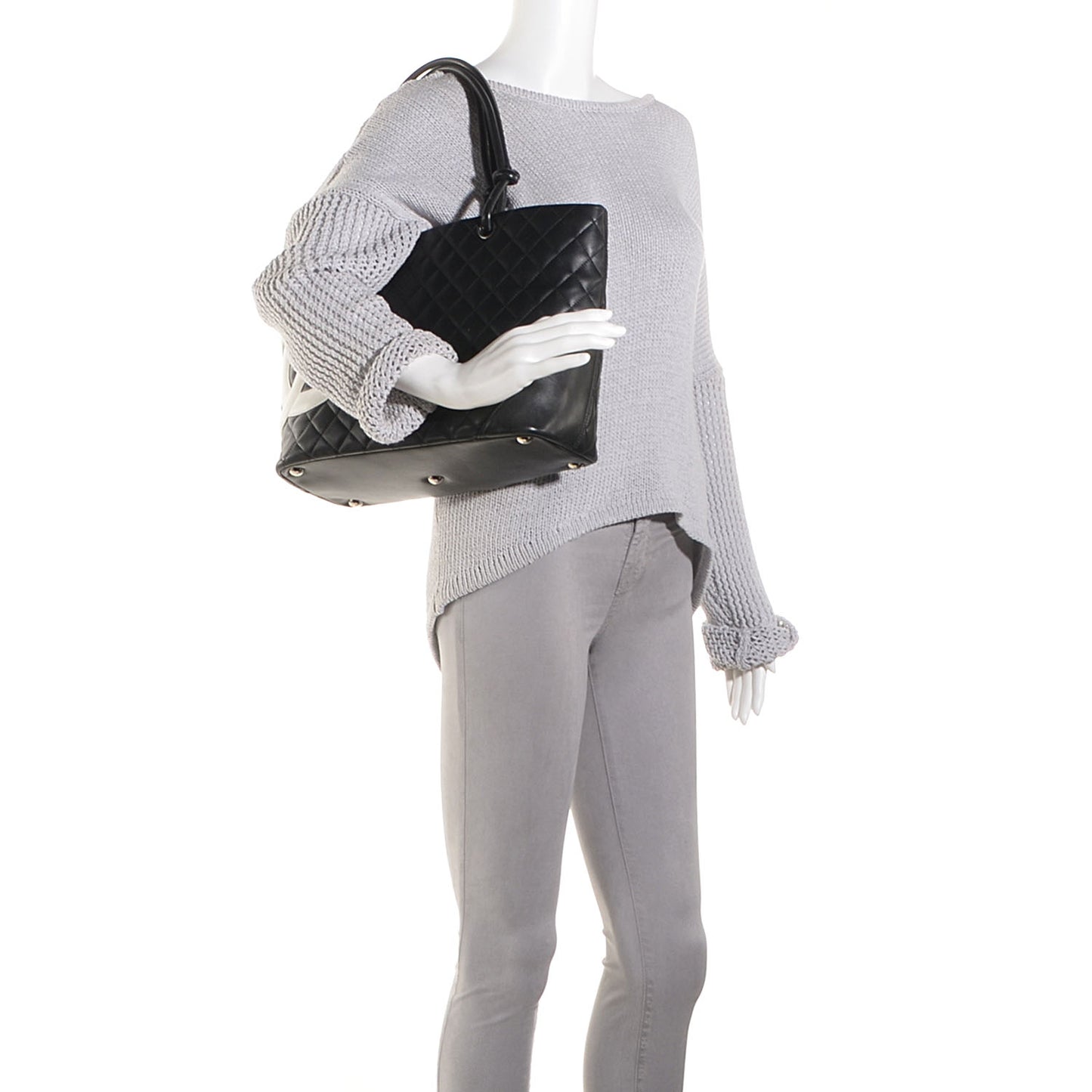 Calfskin Quilted Large Cambon Tote Black White