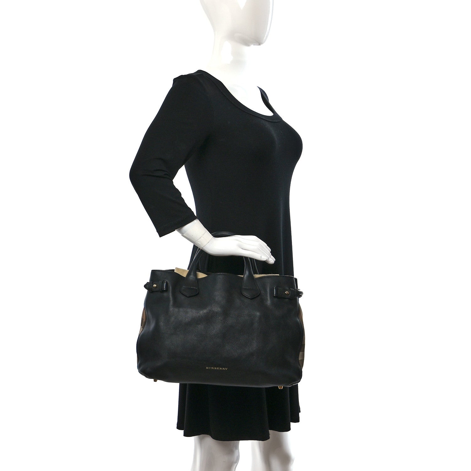 Burberry Derby Calfskin House Check Medium Banner Tote Black 2 of 8