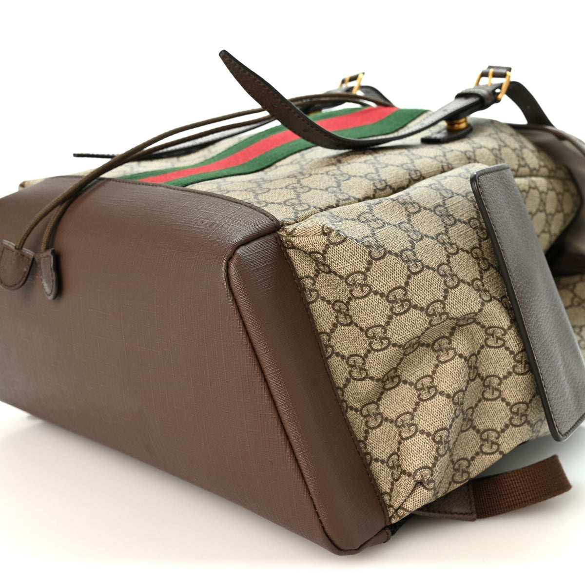 GG Supreme Monogram Medium Ophidia Double Buckle Backpack Brown
