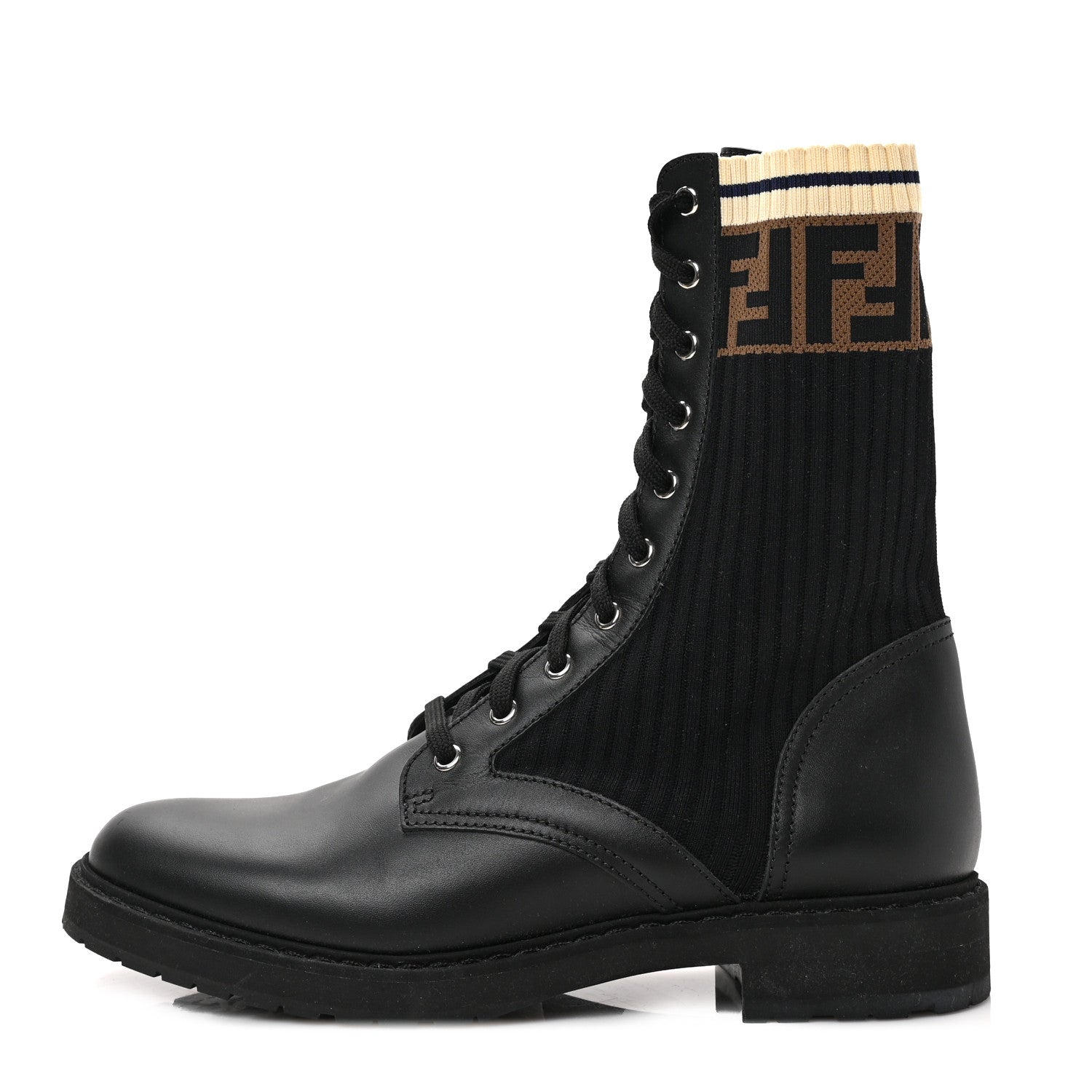 Fendi Calfskin Stretch Fabric Rockoko Biker Boots 41 Tobacco Black Marino 1 of 7