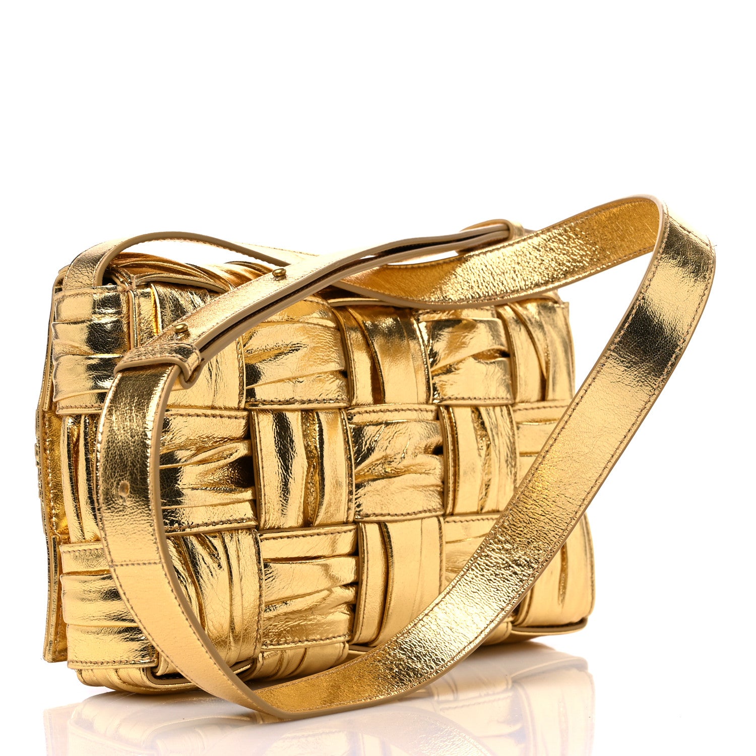 Bottega Veneta Metallic Calfskin Intreccio Plisse Cassette Crossbody Bag Gold 3 of 8