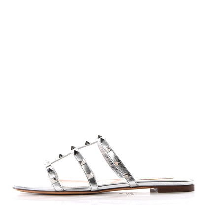 Valentino Garavani Metallic Nappa Rockstud Caged Flat Slide Sandals 39 Silver 1 of 9