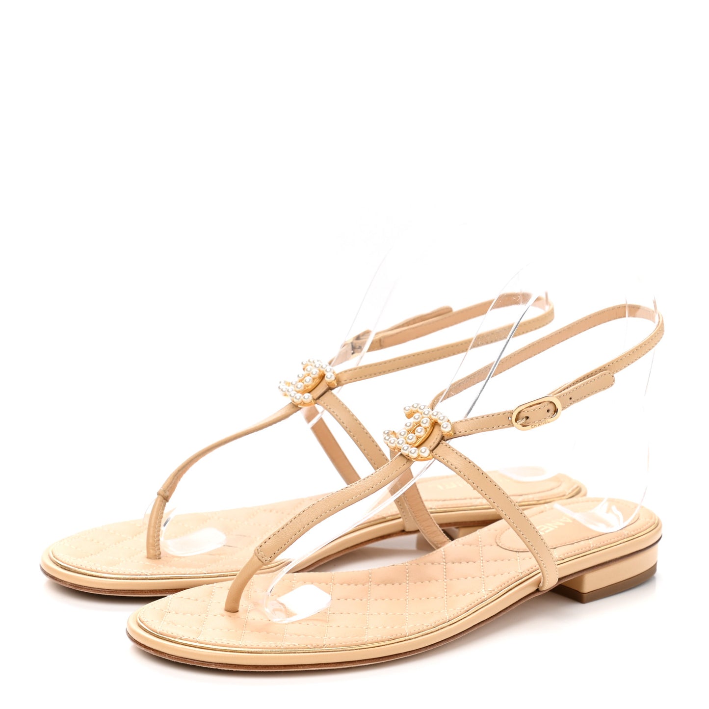 Lambskin Quilted Pearl CC Thong Sandals 38 Beige