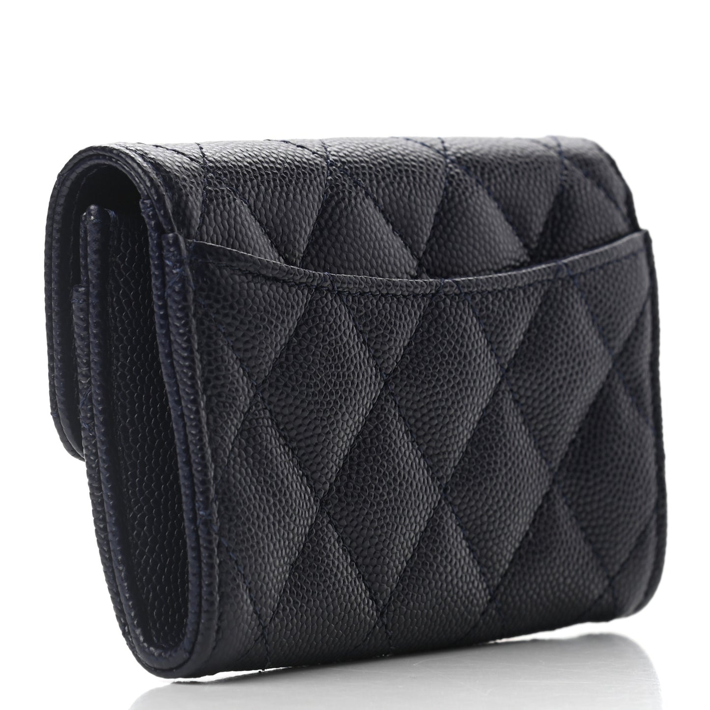 Caviar Quilted Flap Card Holder Wallet Navy