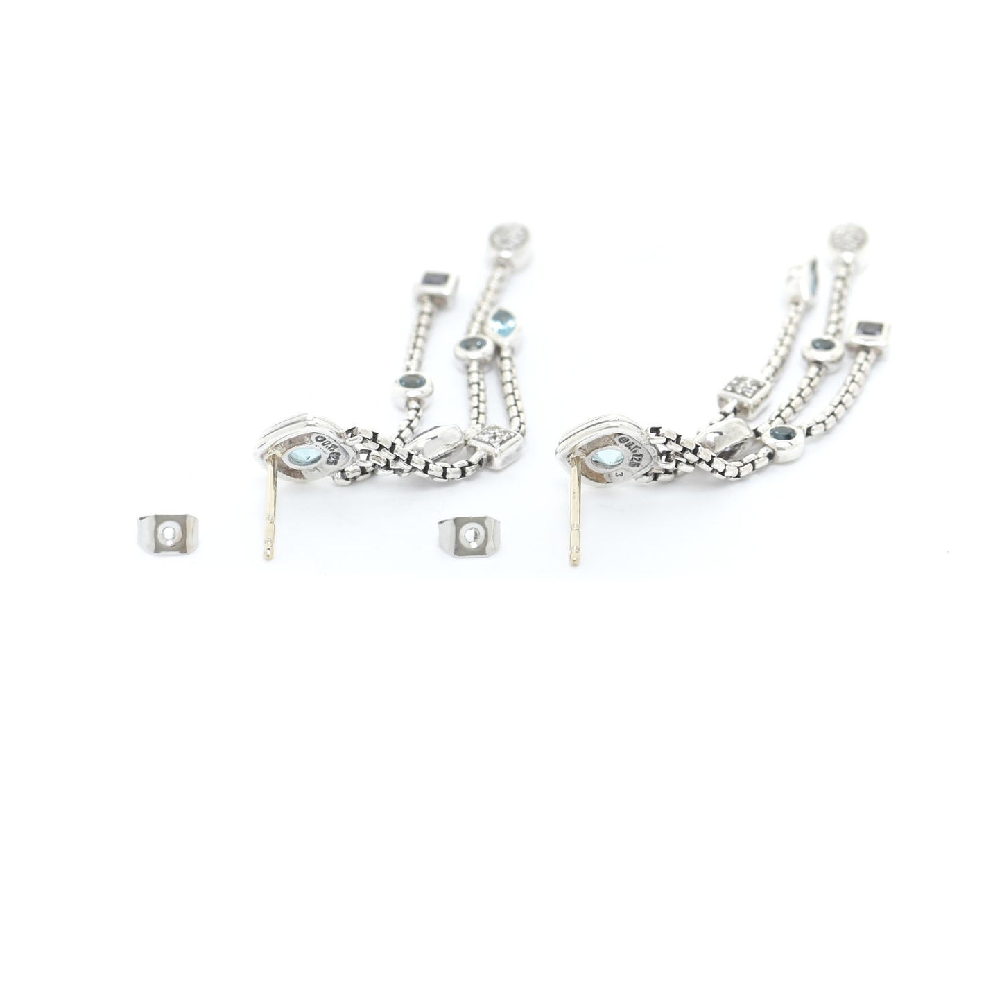 Sterling Silver Diamond Blue Topaz Iolite Confetti 3 Row Tassel Earrings