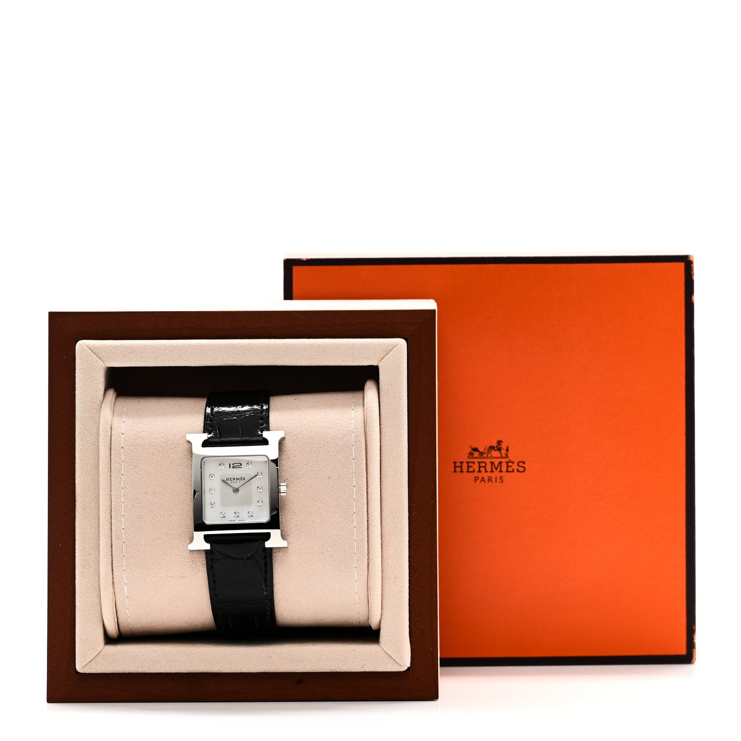 Hermes Stainless Steel Alligator Diamond Mother of Pearl 26mm Heure H Hour Quartz Watch Noir 5 of 5