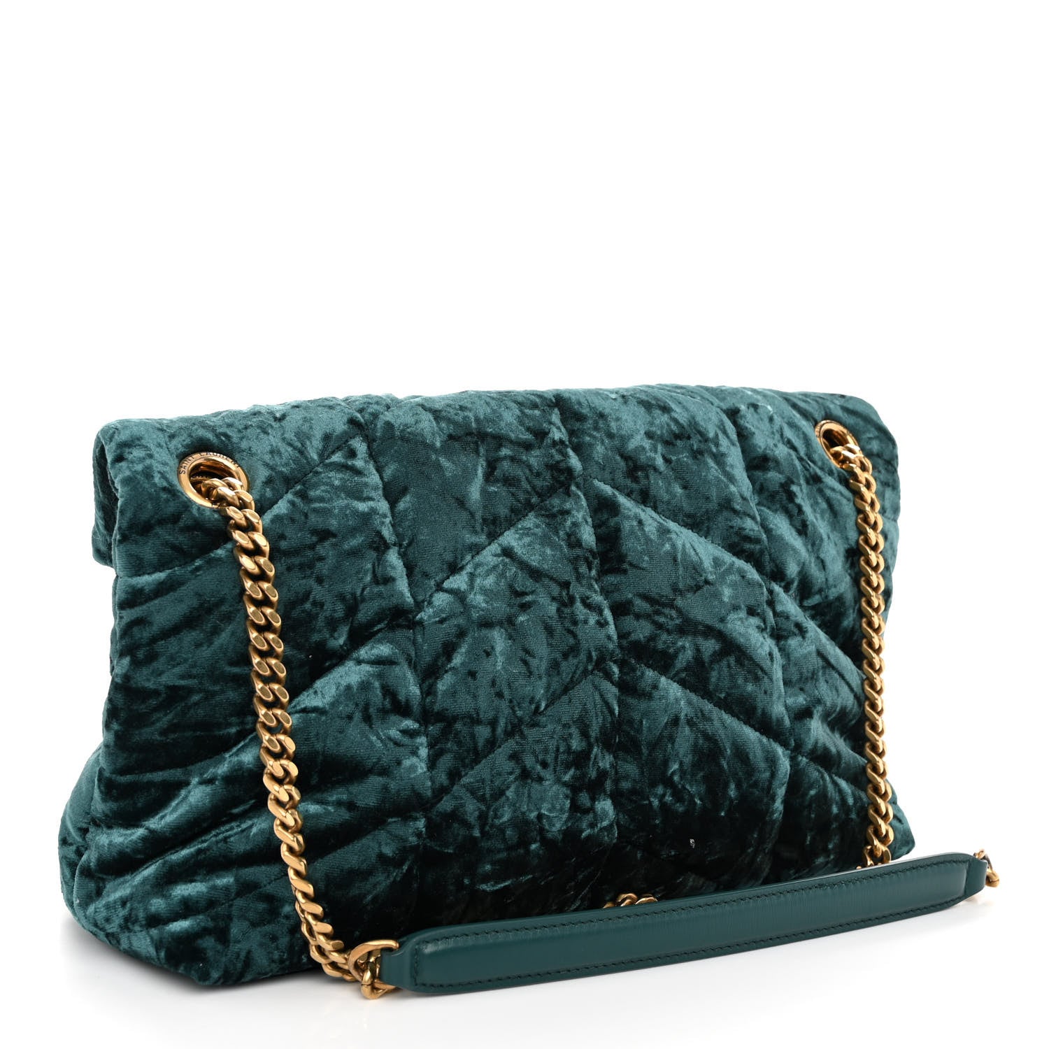Saint Laurent Crushed Velvet Quilted Small Loulou Puffer Monogram Chain Satchel Emerald 3 of 9