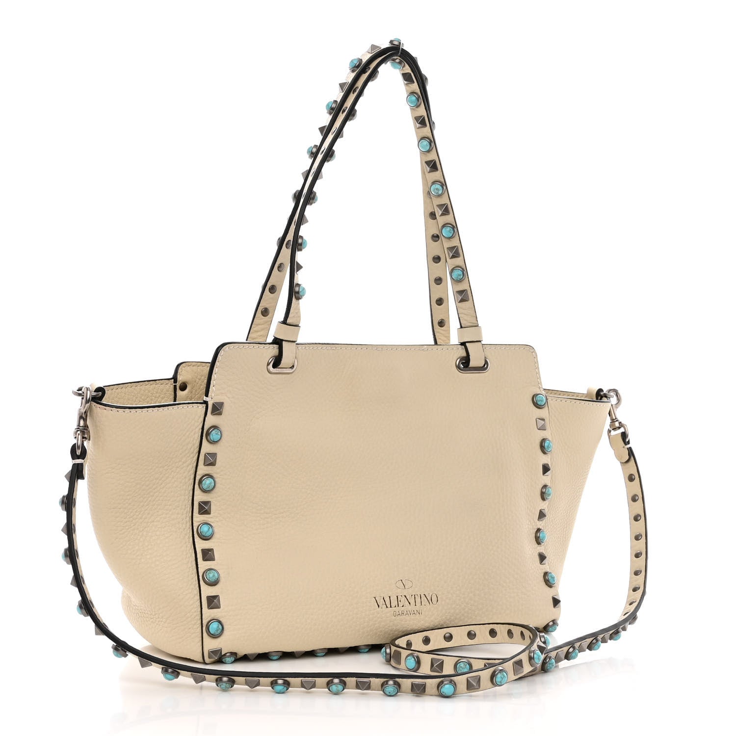 Valentino Garavani Grained Calfskin Turquoise Small Rockstud Rolling Tote Light Ivory 3 of 9