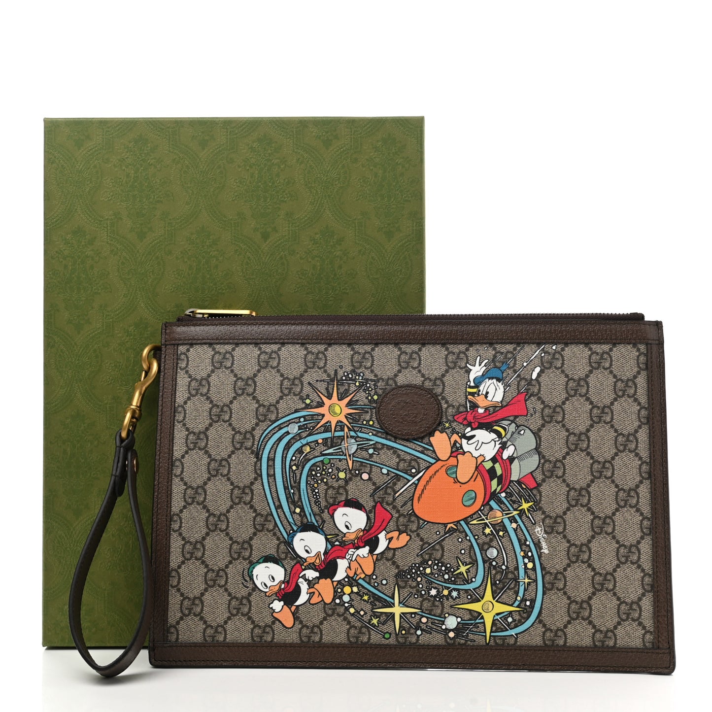 X DISNEY GG Supreme Monogram Donald Duck Interlocking G Wristlet Pouch Beige Multicolor New Acero