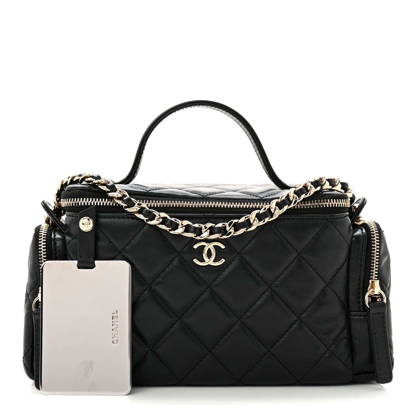 Lambskin Quilted Multi Pocket Top Handle Vanity With Chain Black