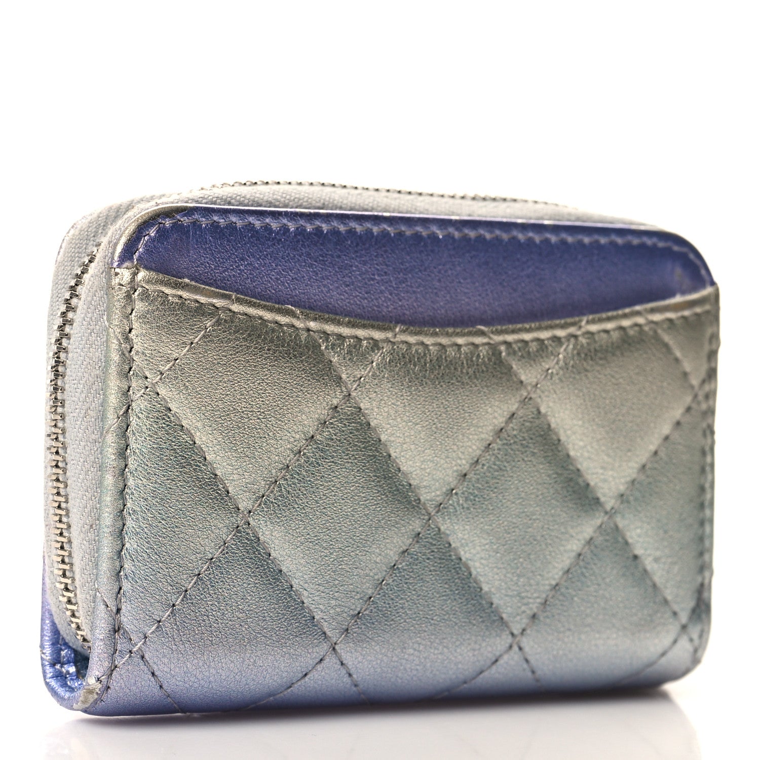 Chanel Iridescent Calfskin Quilted Zip Coin Purse Wallet Light Blue 3 of 9