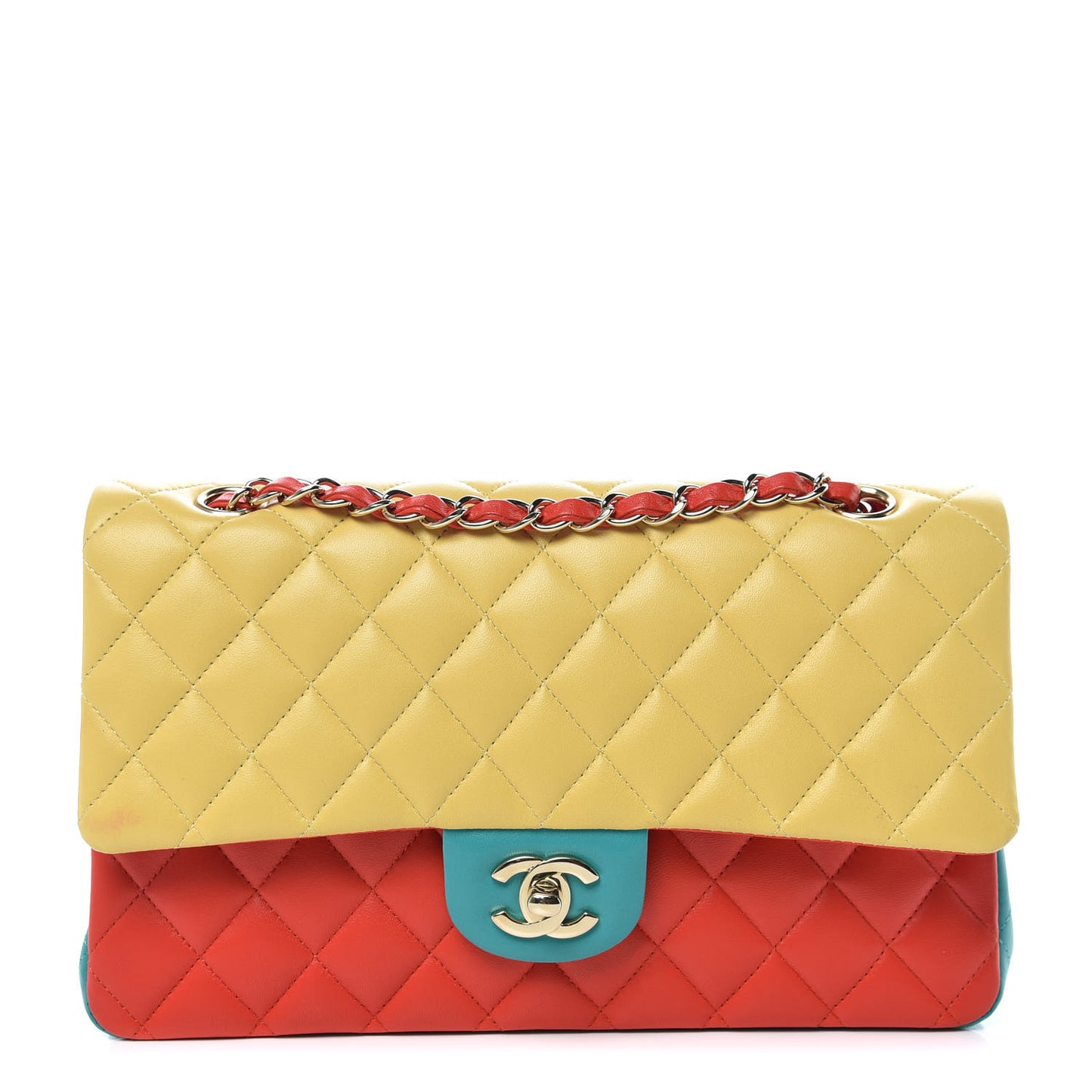 Lambskin Quilted Tri-Color Medium Double Flap Jaune Rouge Turquoise