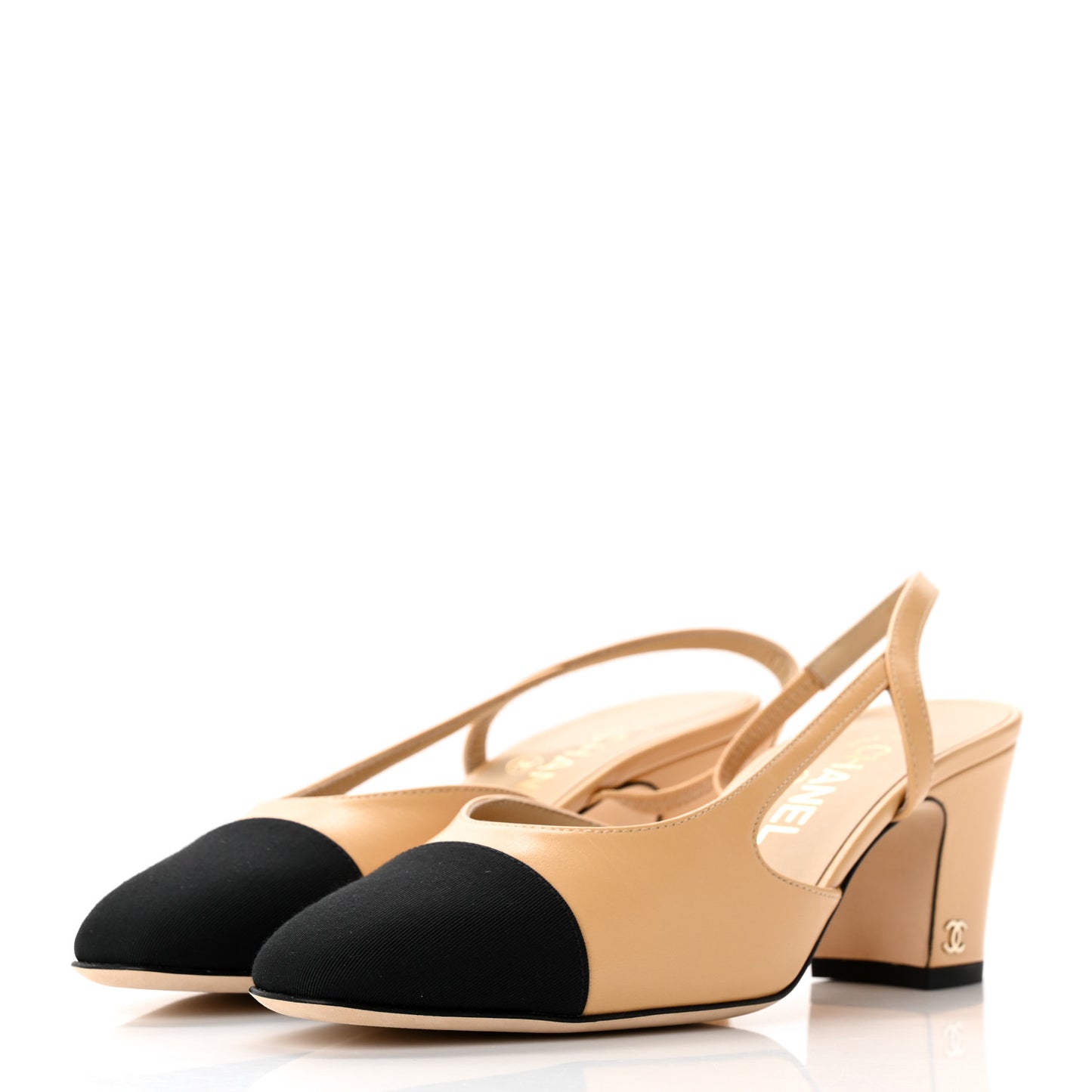 Goatskin Grosgrain Cap Toe CC Slingback Pumps 37.5 Beige Black