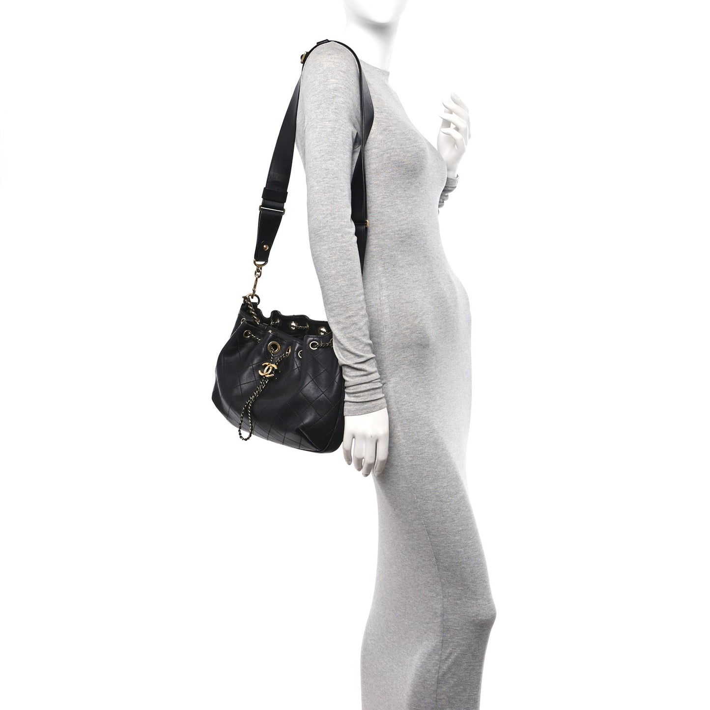 Calfskin Stitched Small Paris Rome Drawstring CC Bag Black