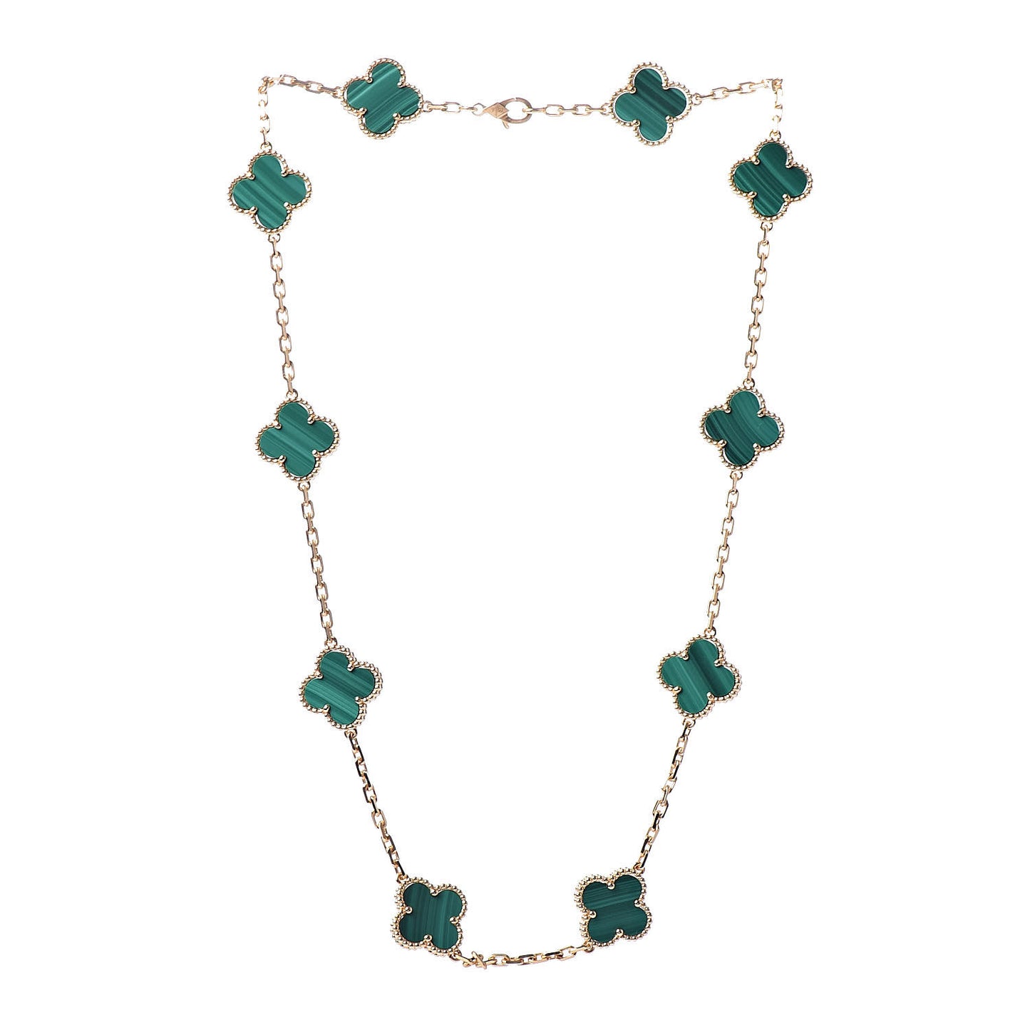 18K Yellow Gold Malachite 10 Motifs Vintage Alhambra Necklace