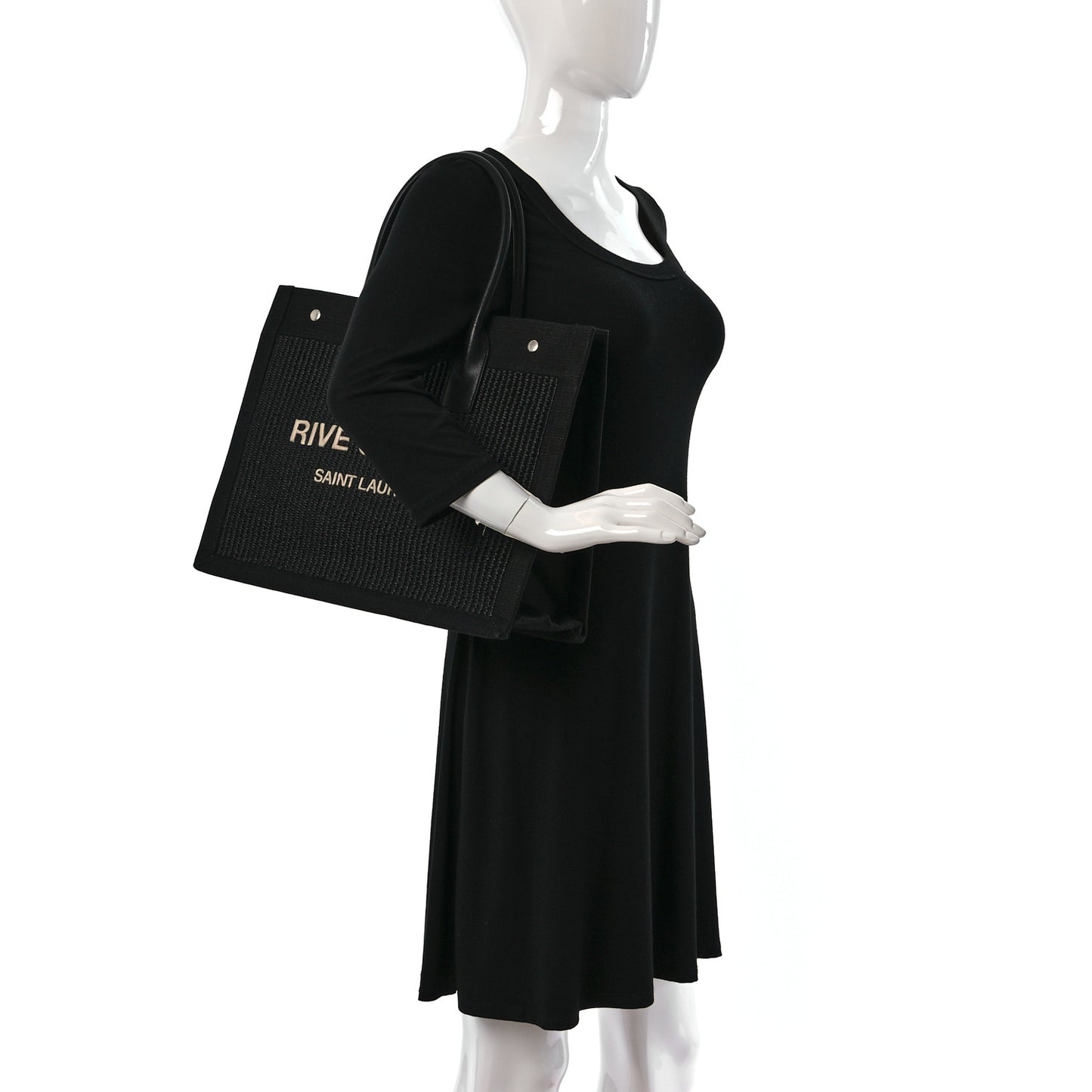 Raffia Linen Calfskin Small Rive Gauche Tote Black
