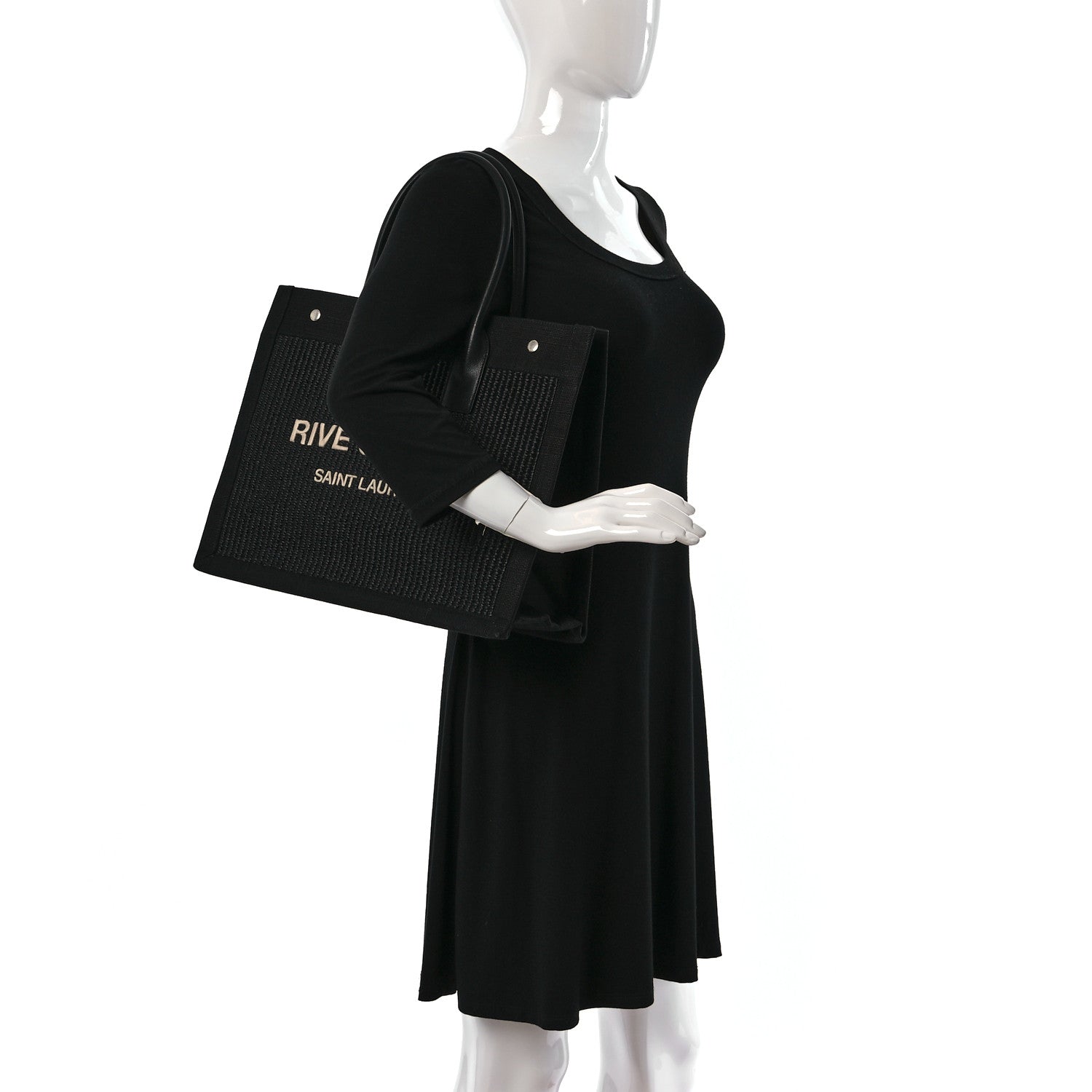 Saint Laurent Raffia Linen Calfskin Small Rive Gauche Tote Black 2 of 9