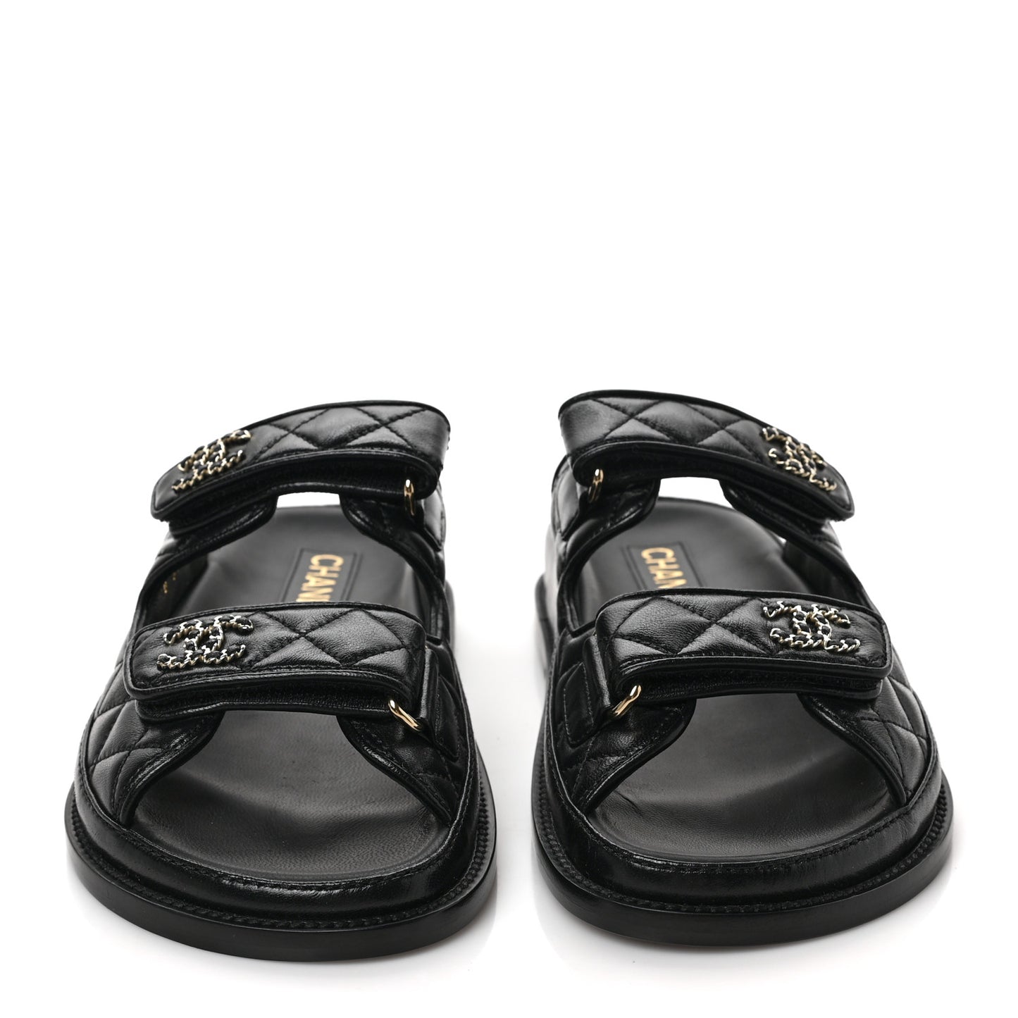 Lambskin Quilted Velcro Dad Chain CC Slide Sandals 36.5 Black