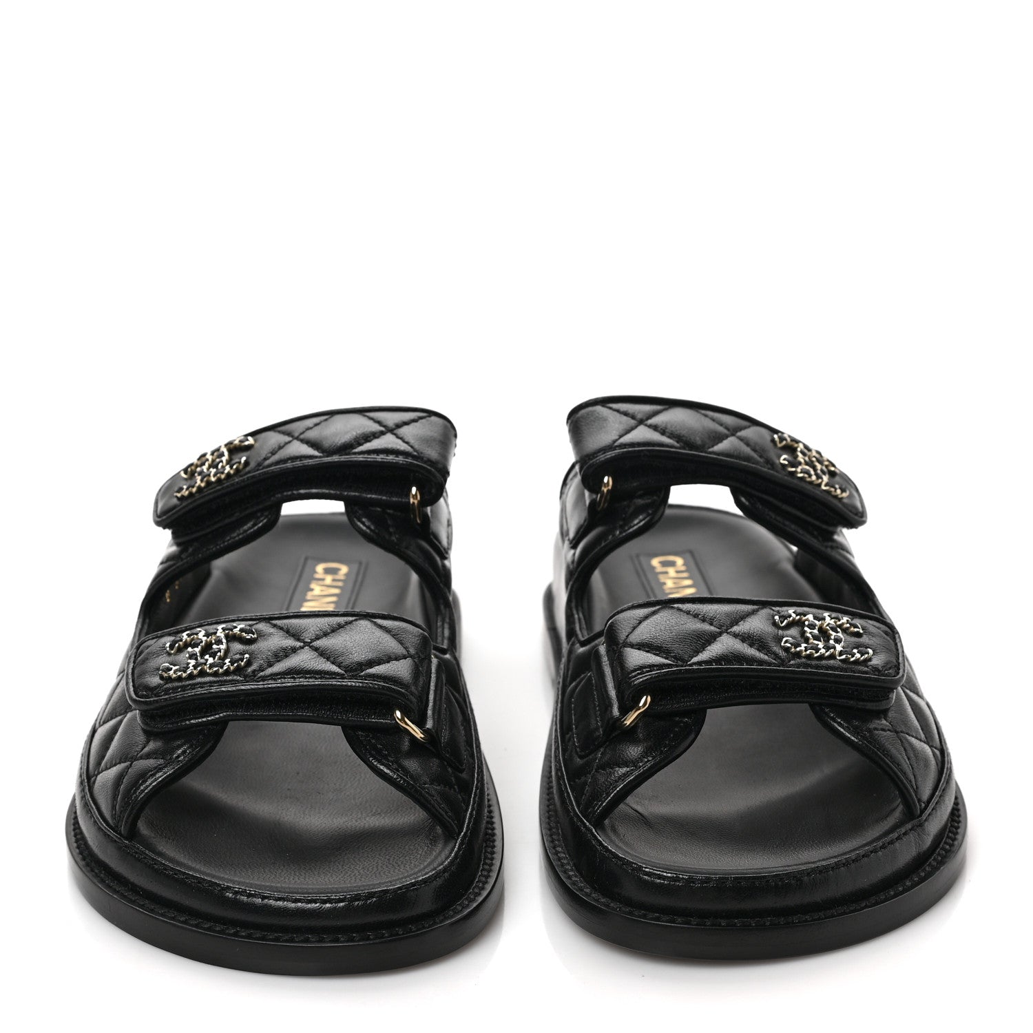 Chanel Lambskin Quilted Velcro Dad Chain CC Slide Sandals 36.5 Black 2 of 9