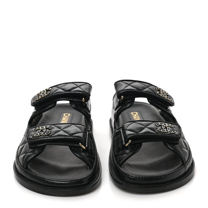 Chanel Lambskin Quilted Velcro Dad Chain CC Slide Sandals 36.5 Black 2 of 9