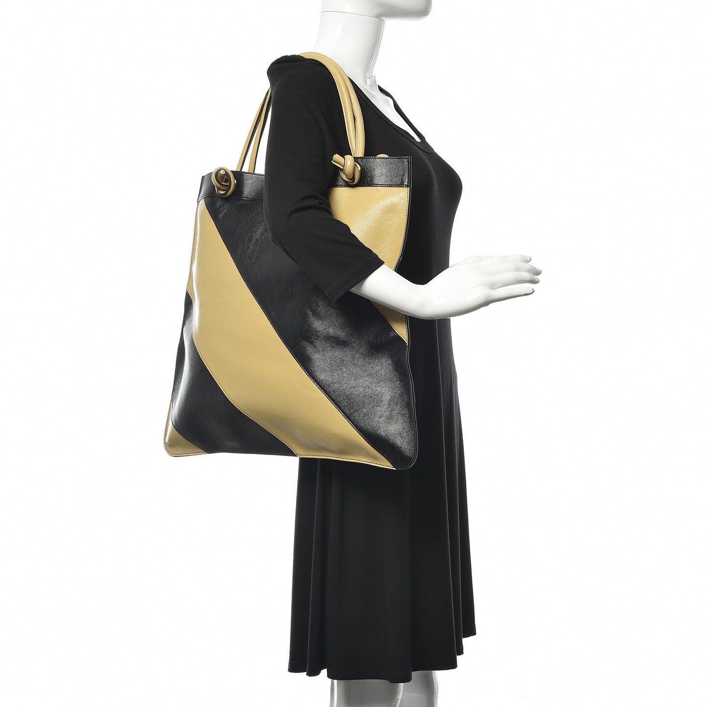 Smooth Calfskin Diagonal Striped Zumi Tote Black Beige