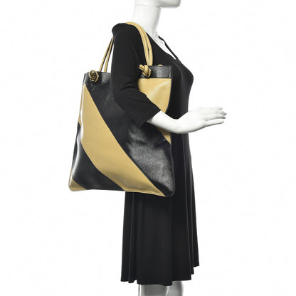Gucci Smooth Calfskin Diagonal Striped Zumi Tote Black Beige 2 of 11