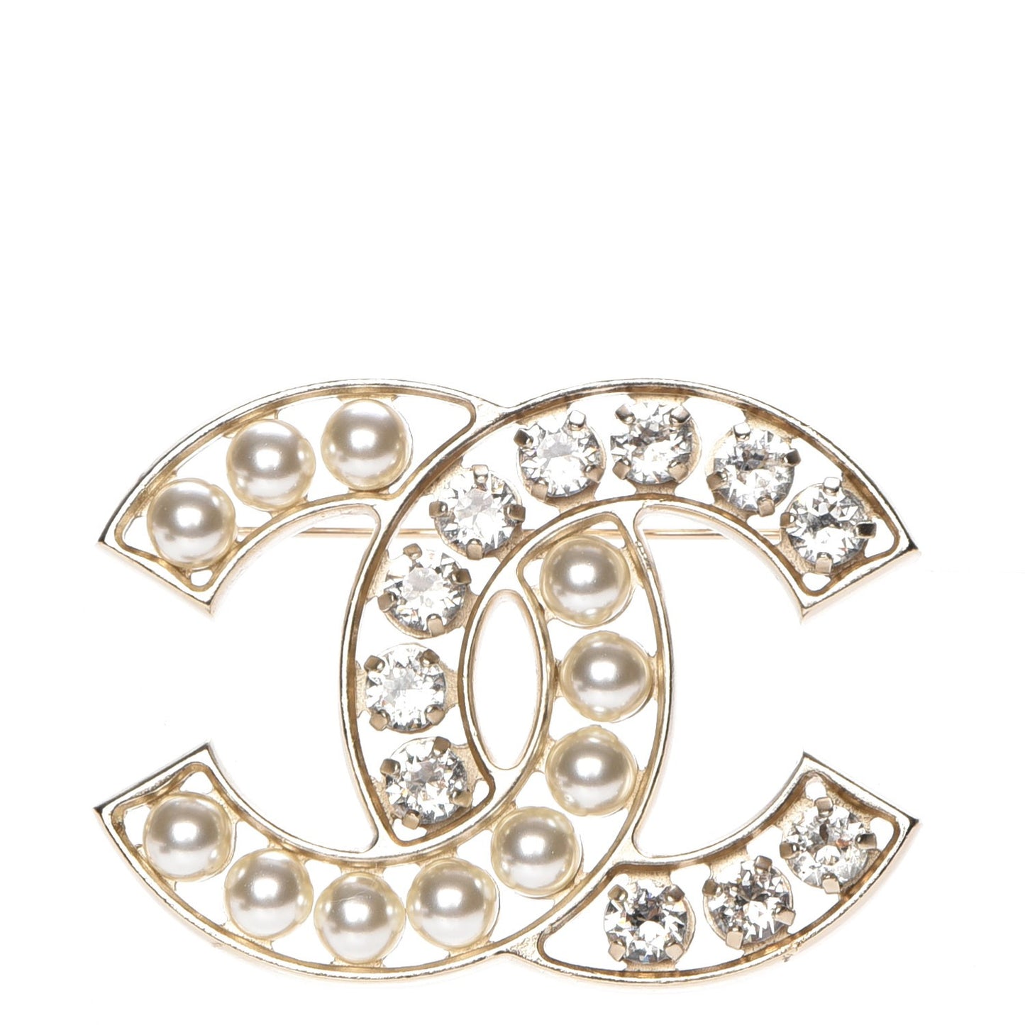 Pearl Crystal CC Brooch Gold
