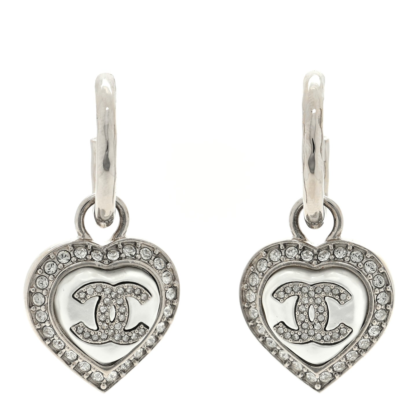 Pearl Crystal CC Heart Drop Earrings Silver